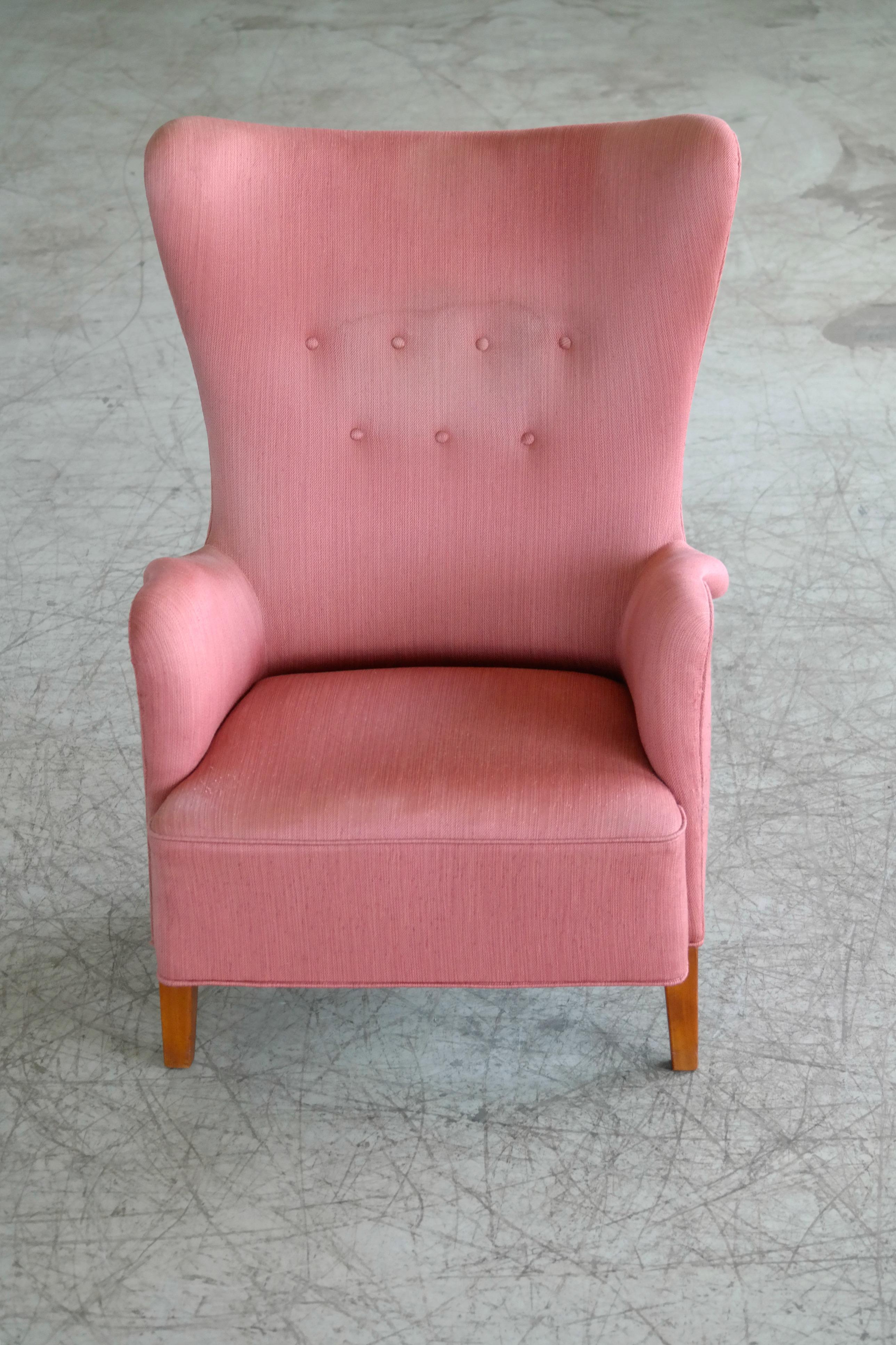 Mid-Century Modern Danish 1950s Mogens Lassen Style High Back Lounge Chair in Red Wool