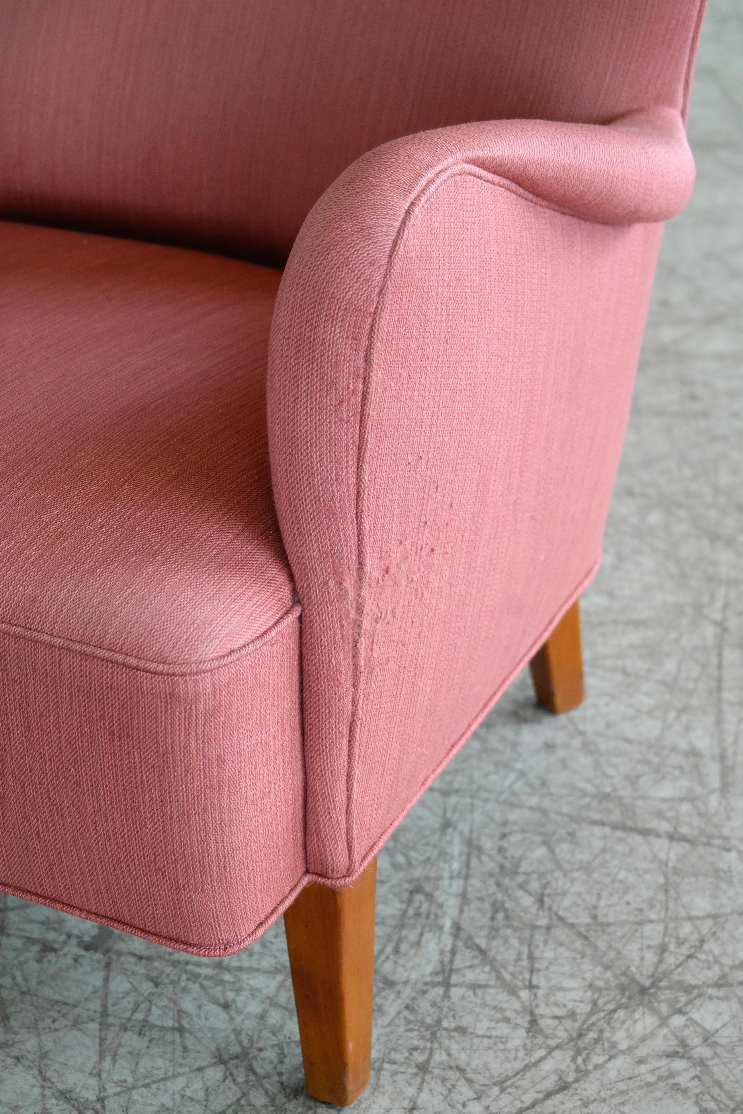 Danish 1950s Mogens Lassen Style High Back Lounge Chair in Red Wool 1
