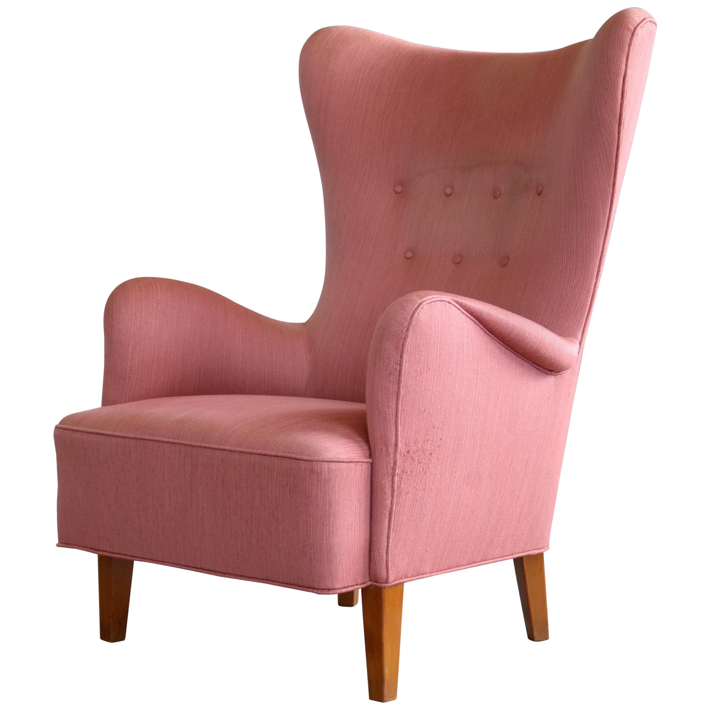 Danish 1950s Mogens Lassen Style High Back Lounge Chair in Red Wool