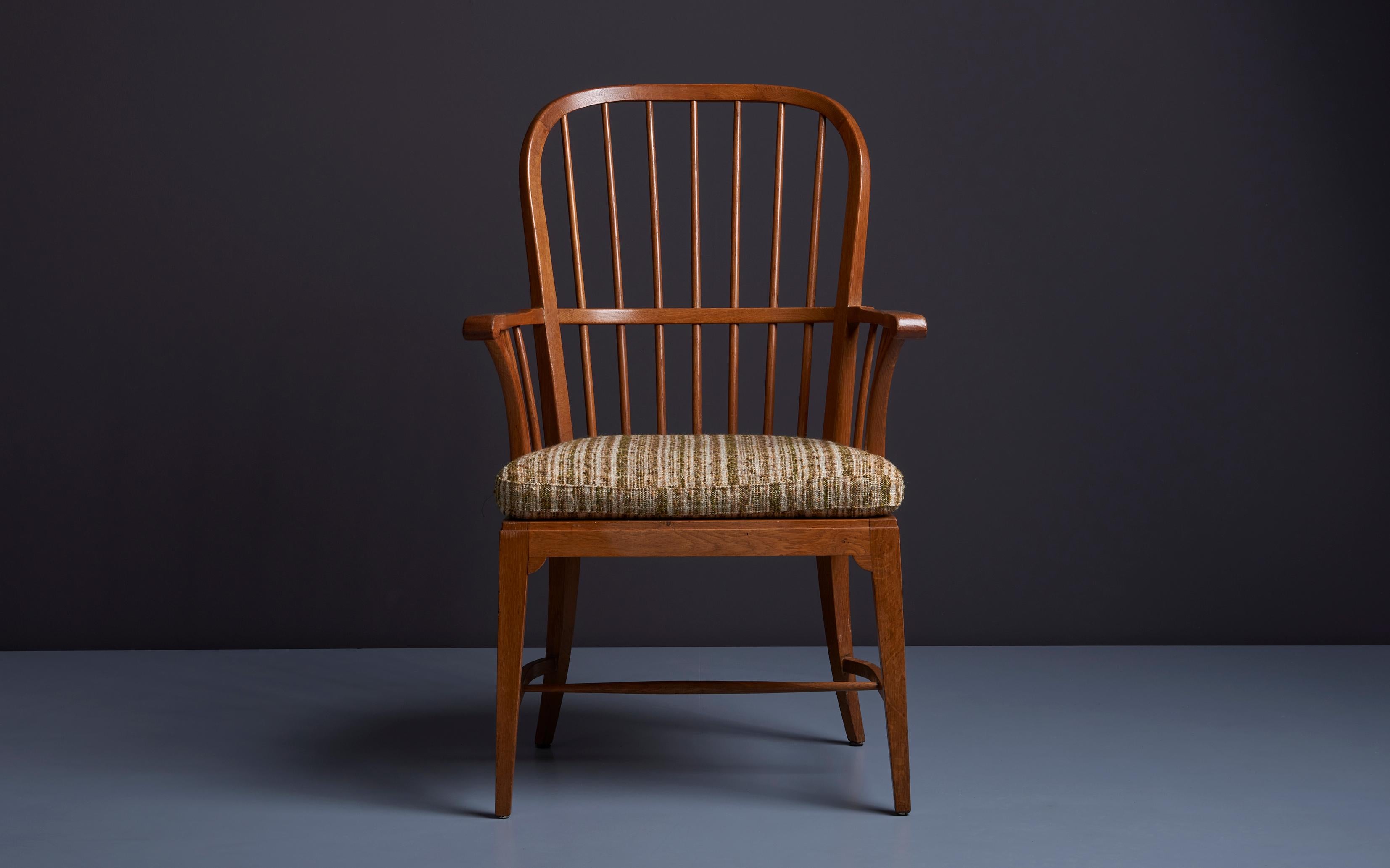 Danish 1950s Oak Windsor Arm Chair with Webbed Seat For Sale 5
