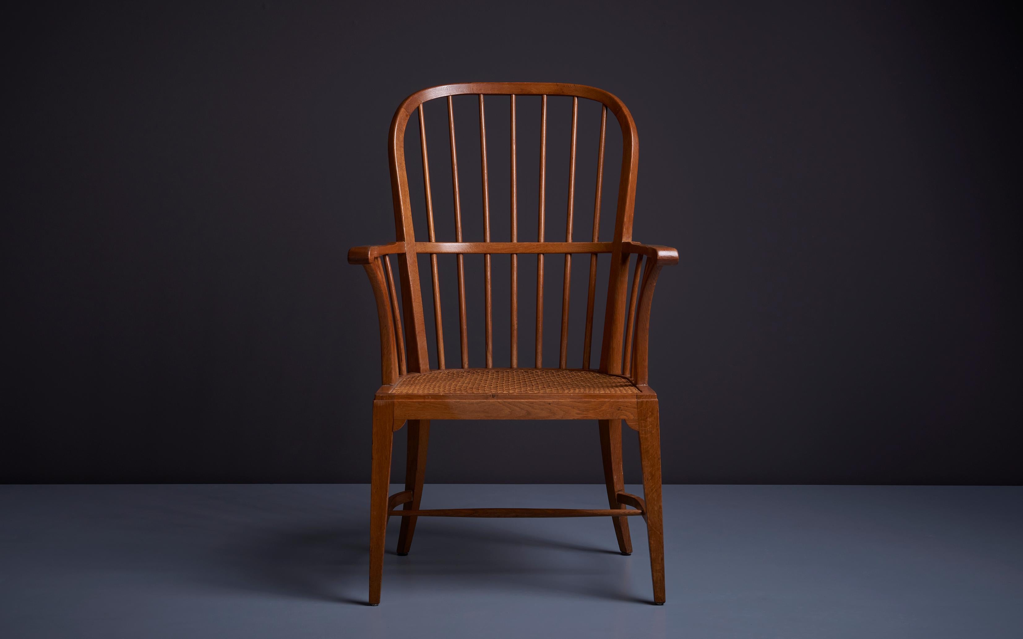 Danish 1950s Oak Windsor Arm Chair with Webbed Seat For Sale 10