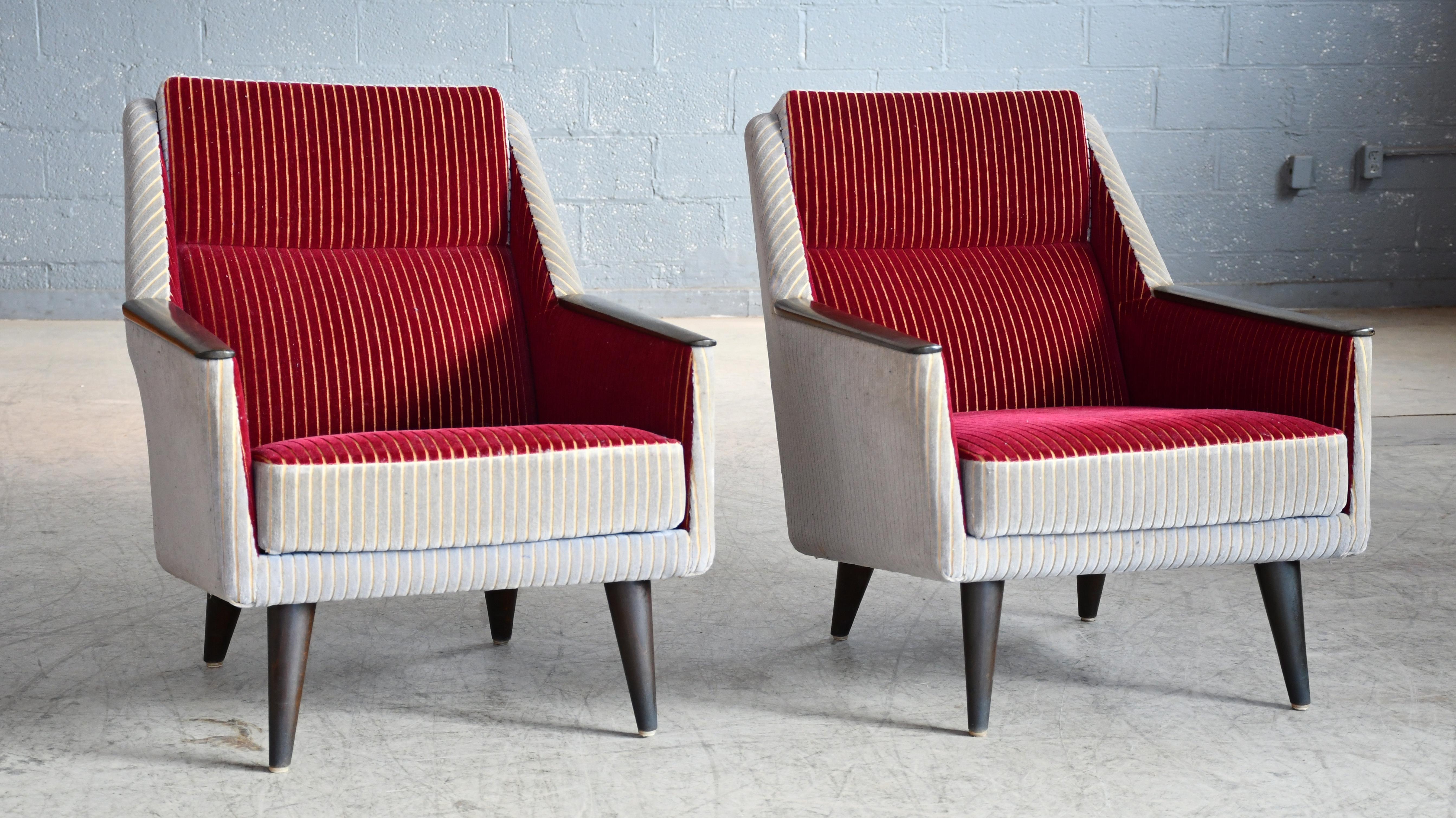 Mid-Century Modern Danish 1950's Pair of Easy Chairs Original Two-Tone Fabric For Sale