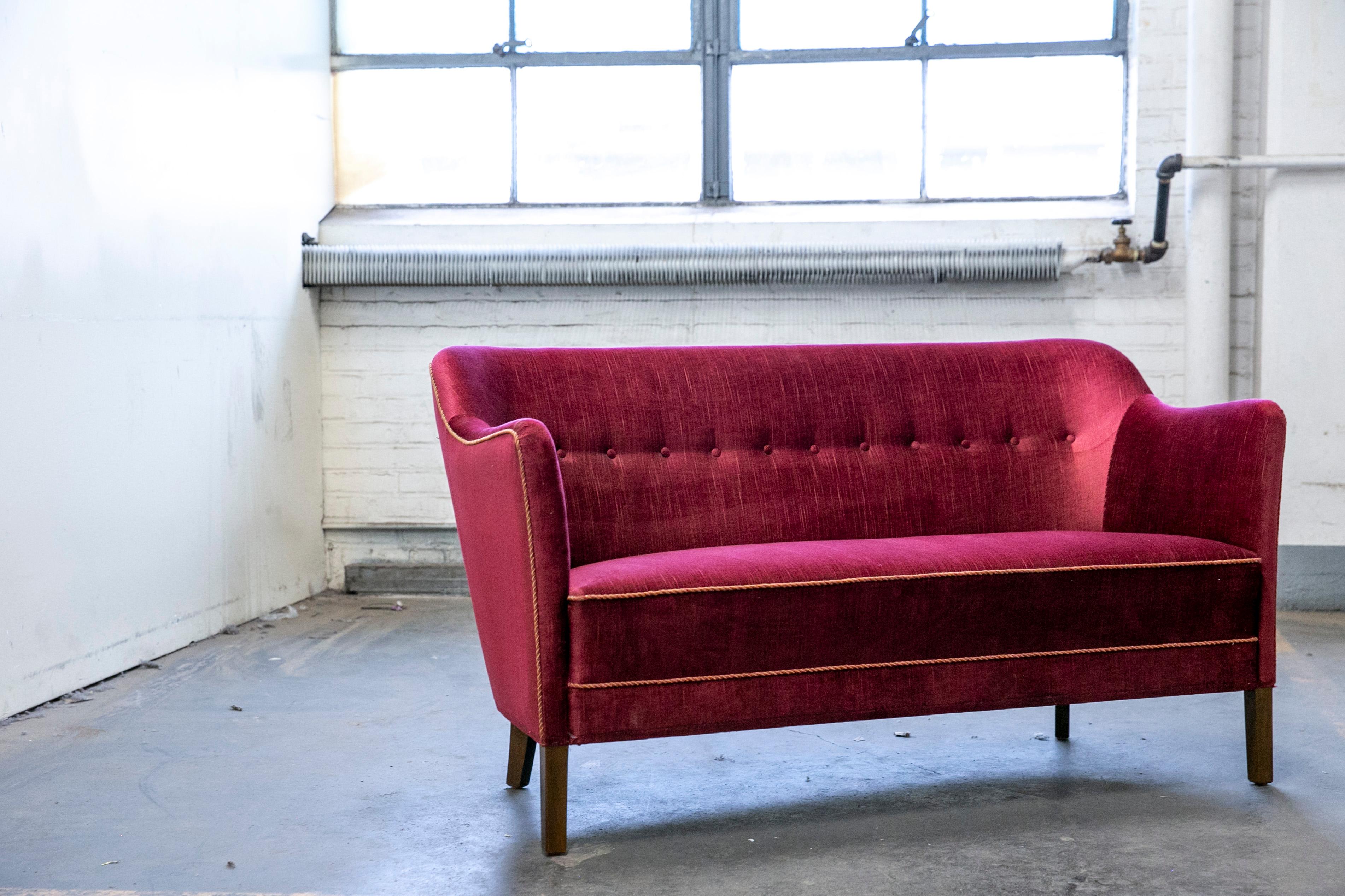 Mid-Century Modern Danish 1950s Settee or Loveseat in Red Mohair Attributed to Peter Hvidt
