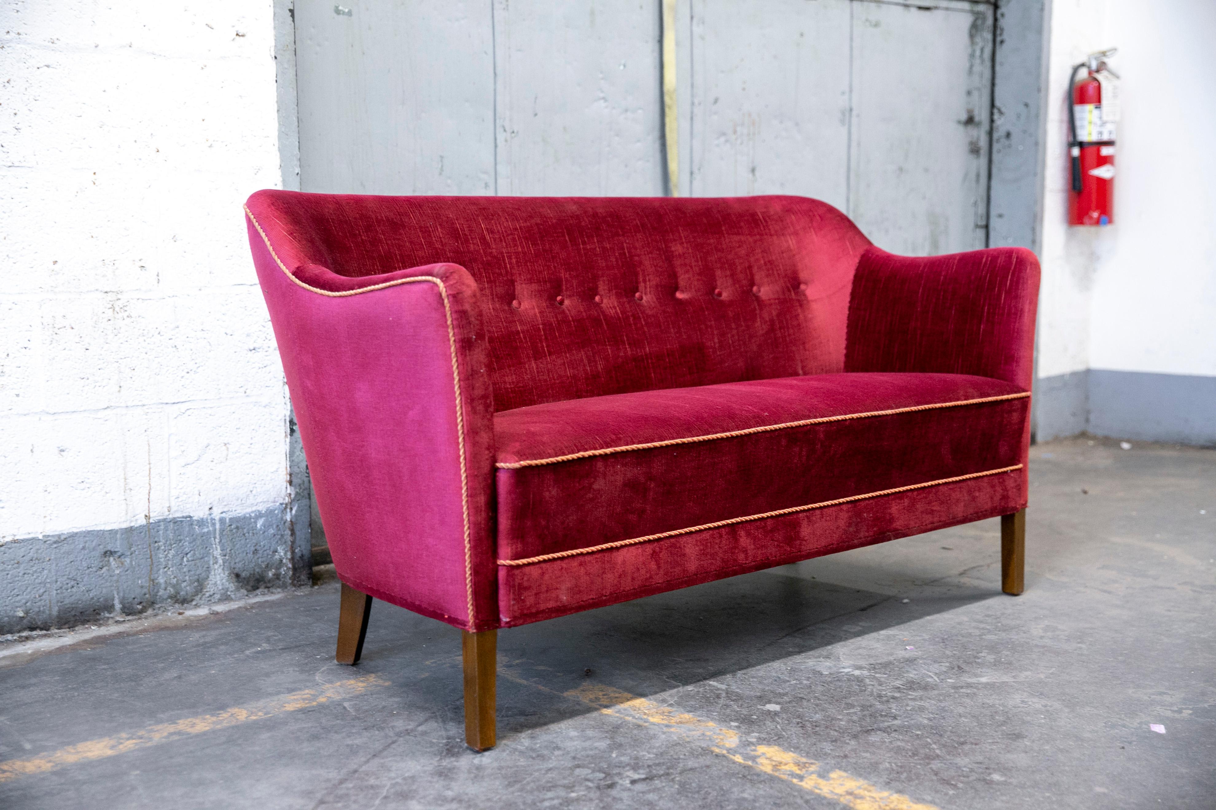 Danish 1950s Settee or Loveseat in Red Mohair Attributed to Peter Hvidt 1