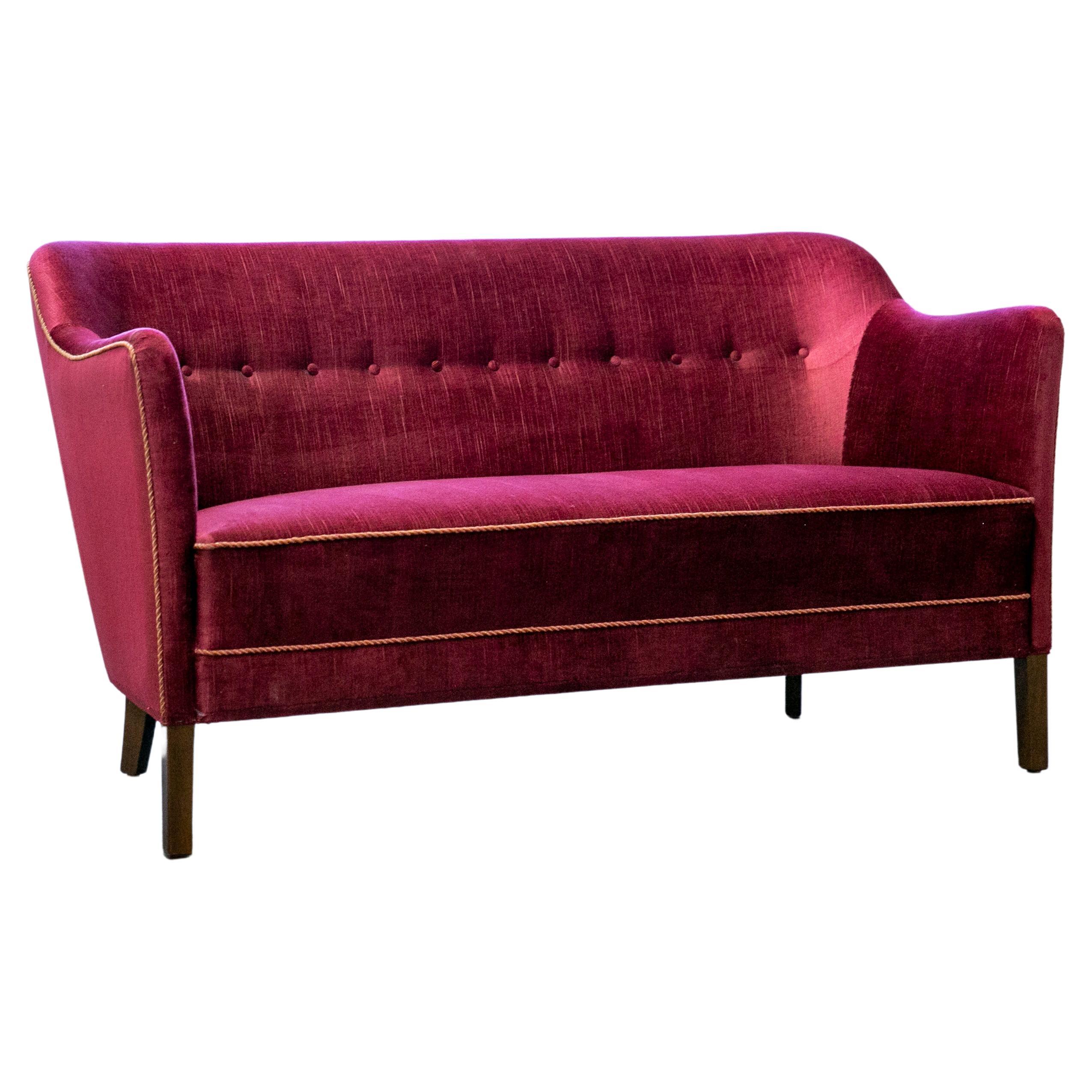 Danish 1950s Settee or Loveseat in Red Mohair Attributed to Peter Hvidt