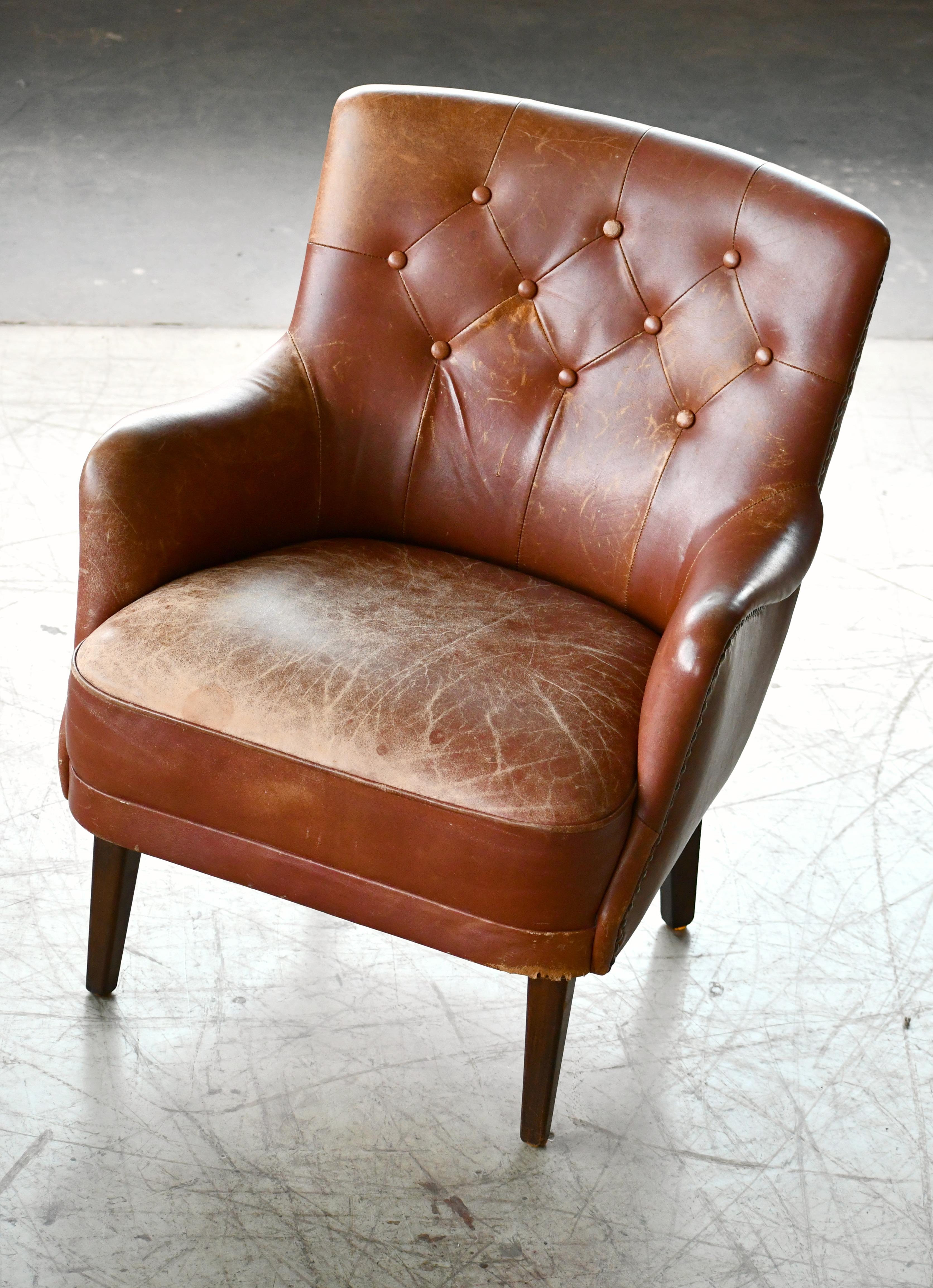 Danish 1950s Small Scale Tufted Easy Chair with Worn Brown Leather 2
