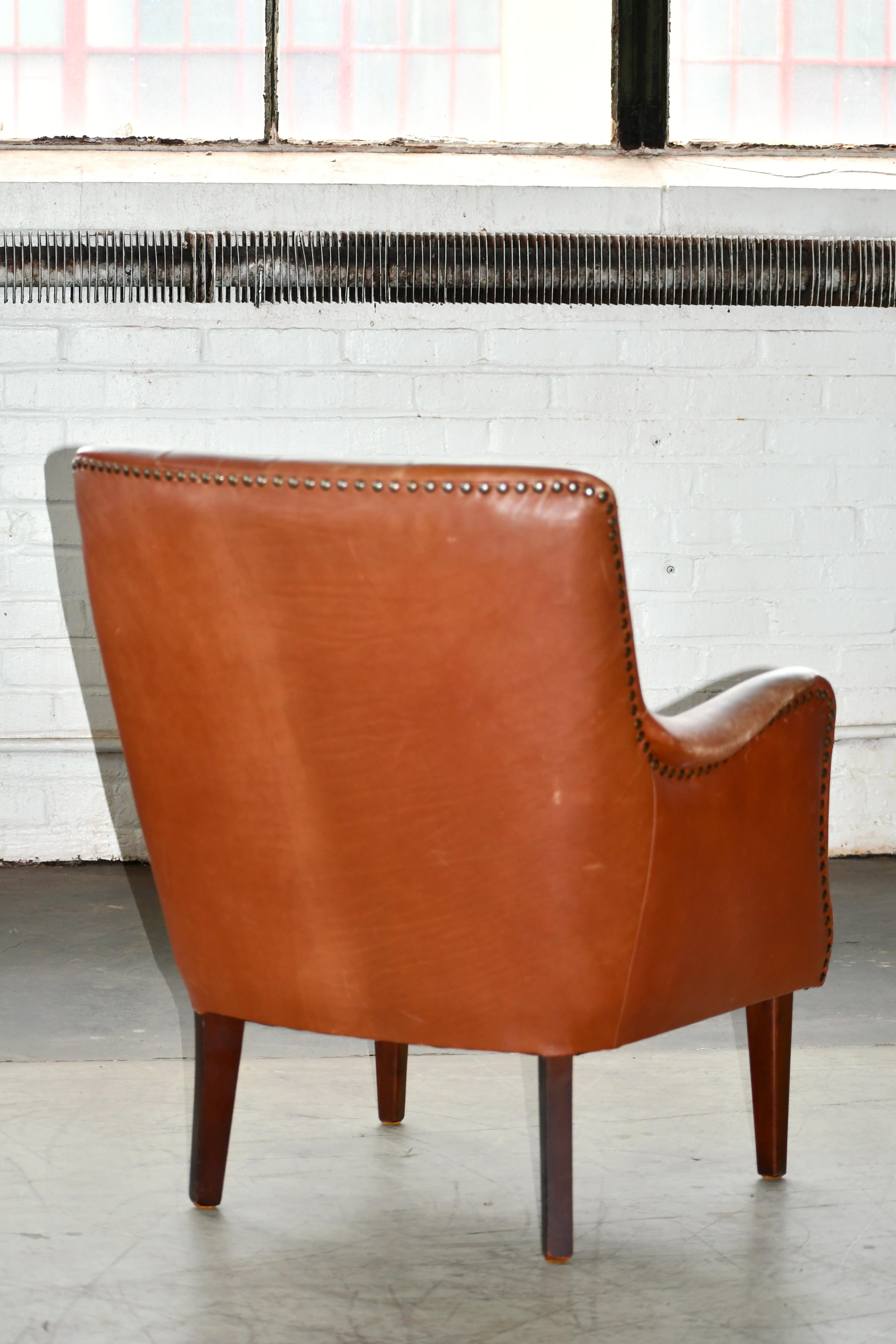 Danish 1950s Small Scale Tufted Easy Chair with Worn Brown Leather 3