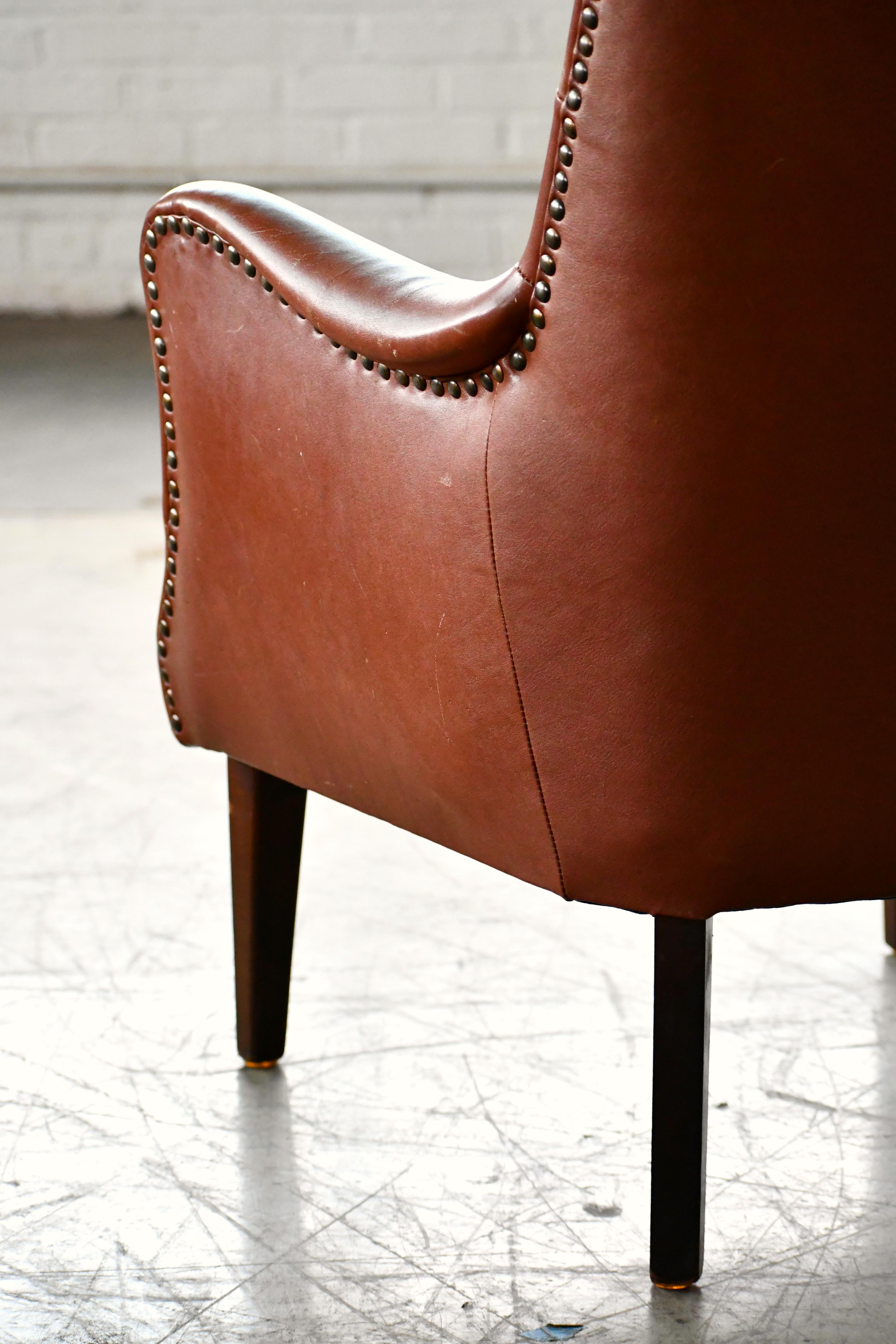 Mid-Century Modern Danish 1950s Small Scale Tufted Easy Chair with Worn Brown Leather