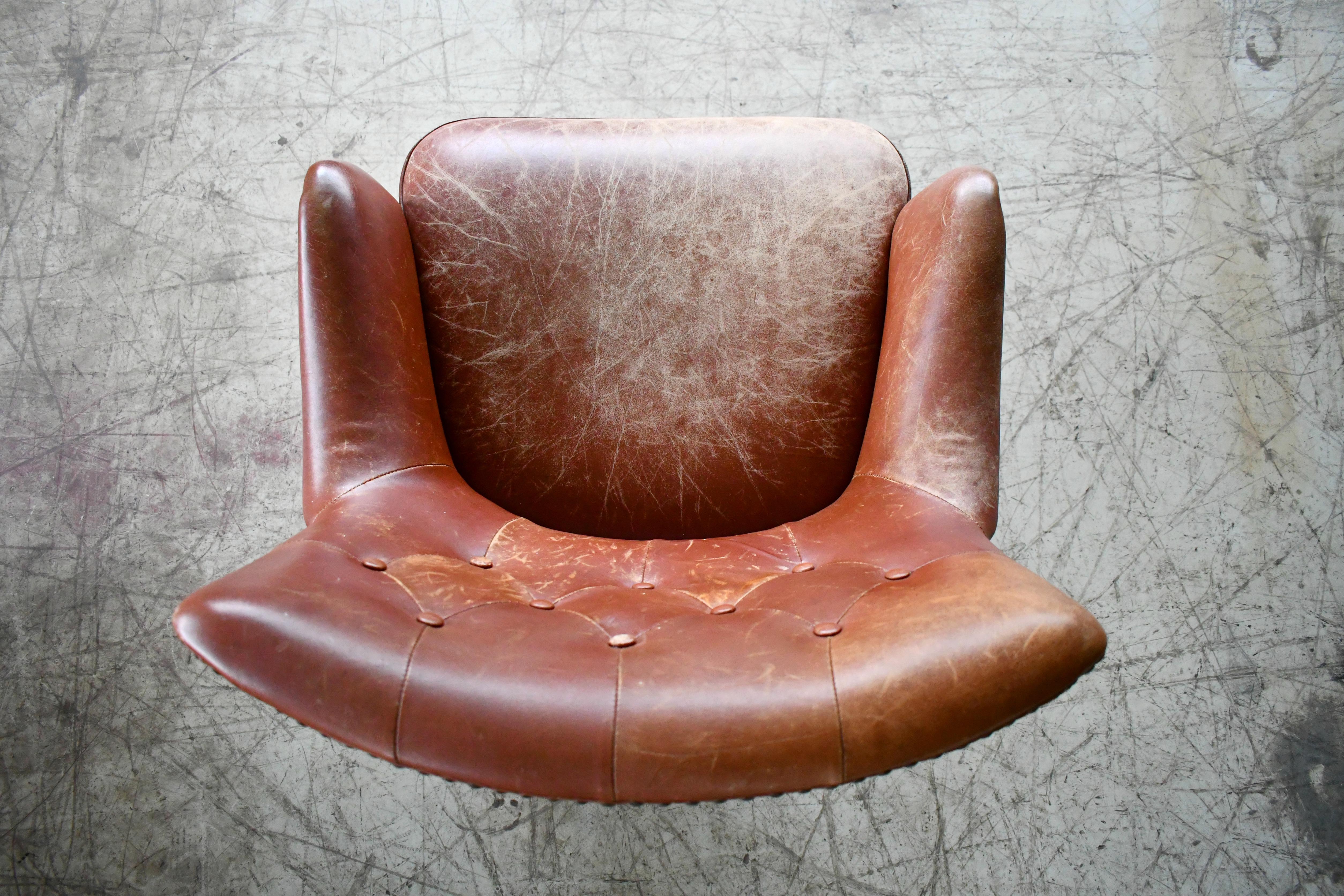 Danish 1950s Small Scale Tufted Easy Chair with Worn Brown Leather In Good Condition In Bridgeport, CT
