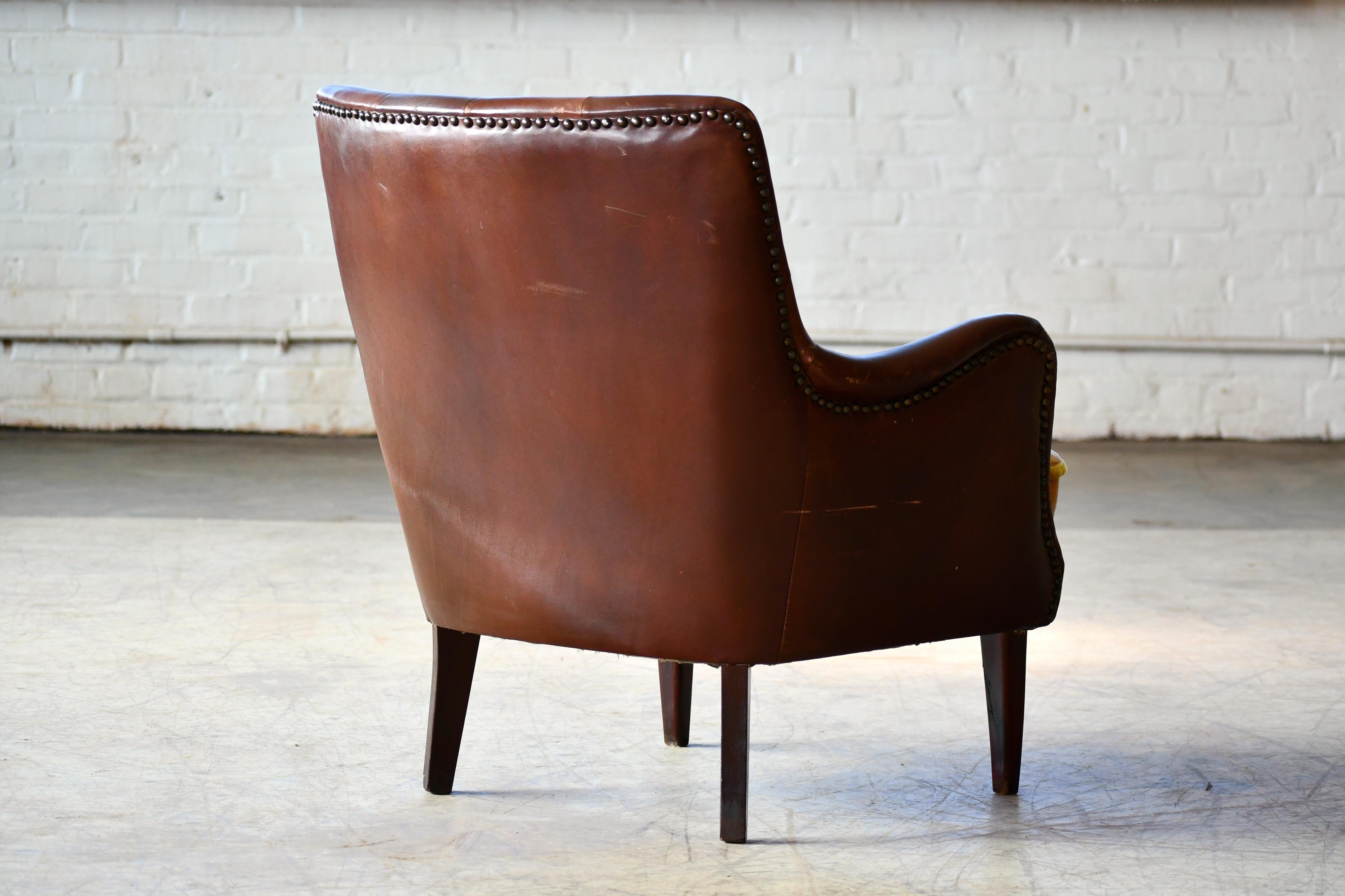 Danish 1950s Small Tufted Easy Chair in Chocolate Leather and Velvet Seat 5