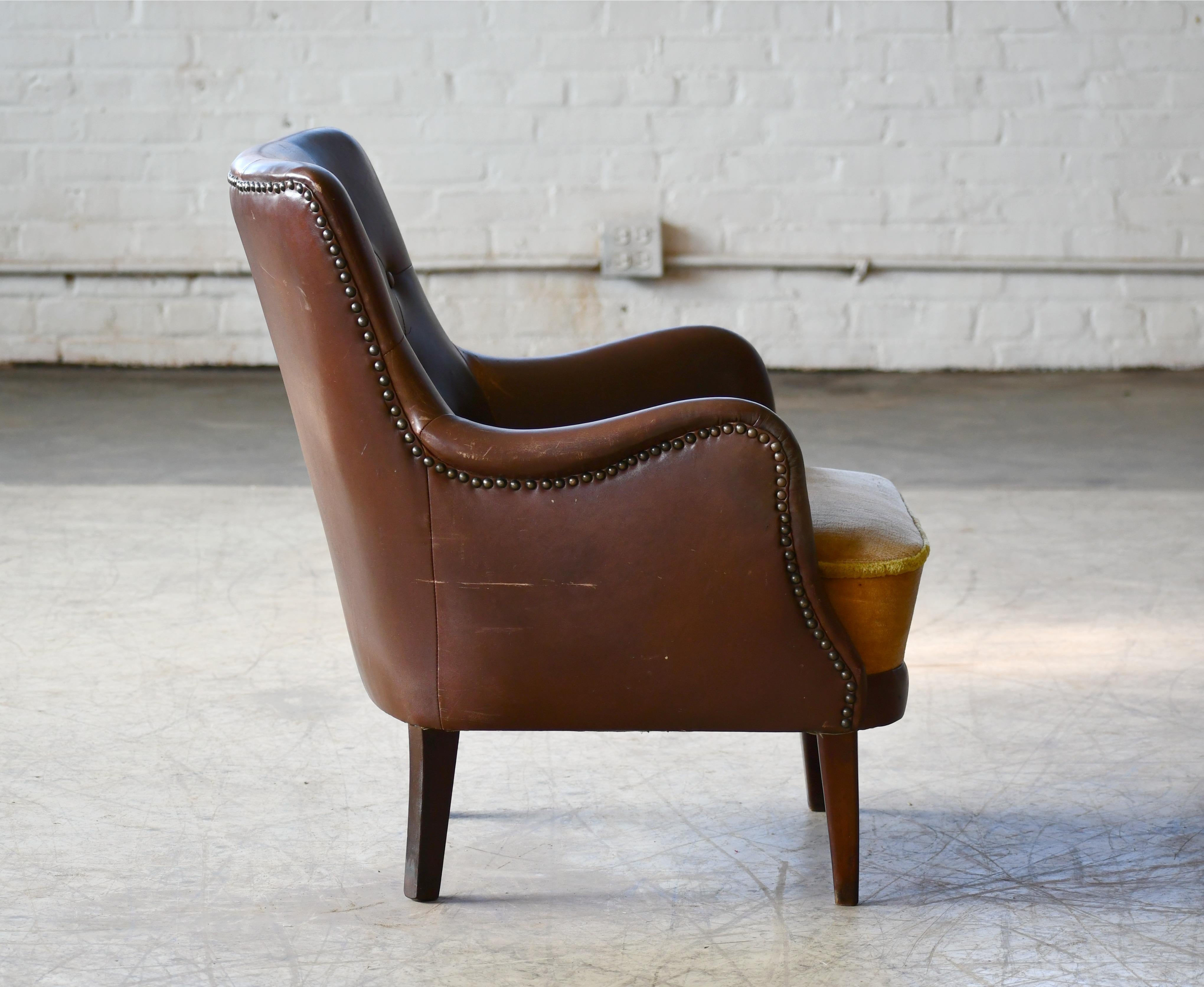 Danish 1950s Small Tufted Easy Chair in Chocolate Leather and Velvet Seat 6