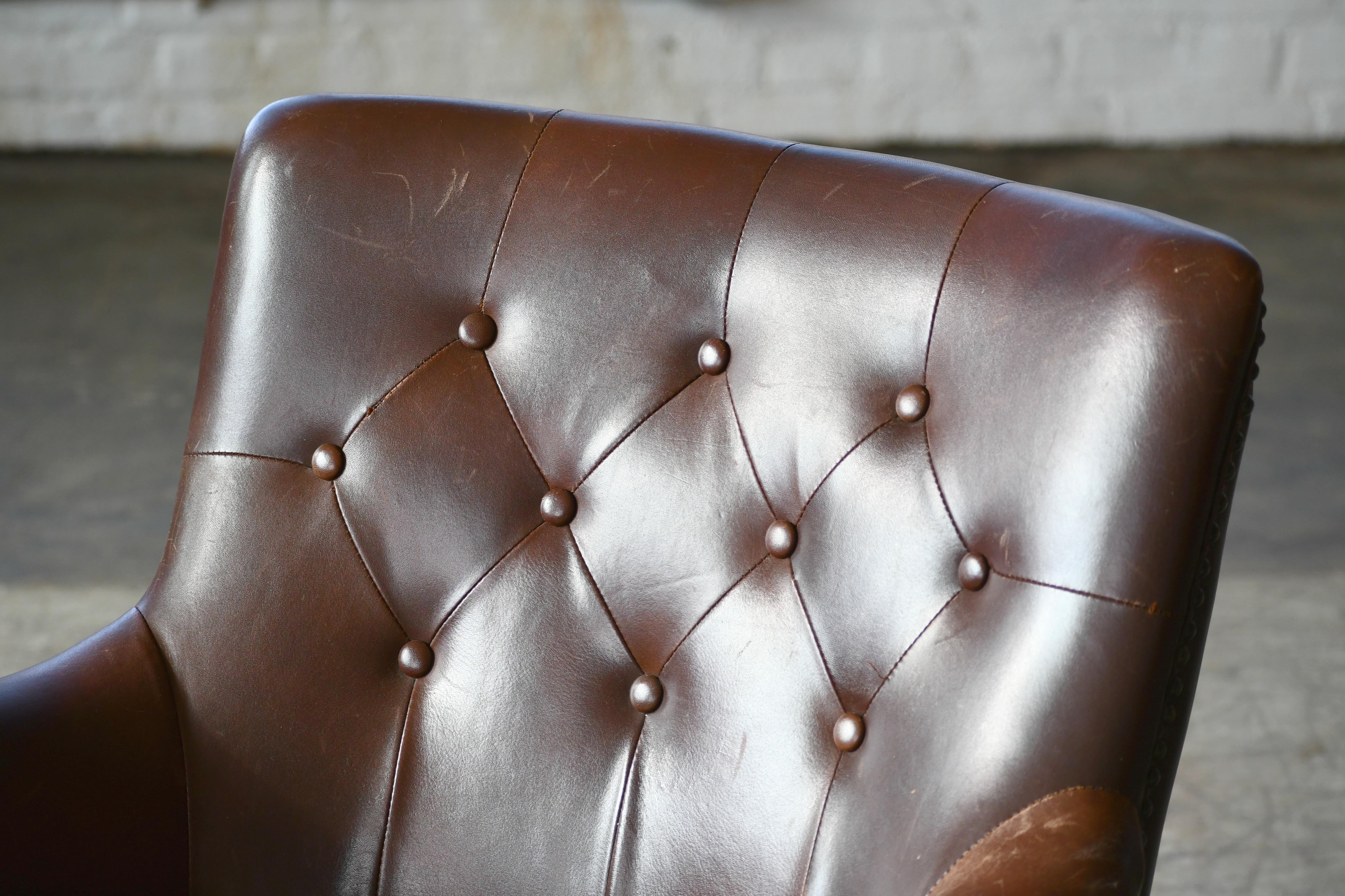 Mid-20th Century Danish 1950s Small Tufted Easy Chair in Chocolate Leather and Velvet Seat