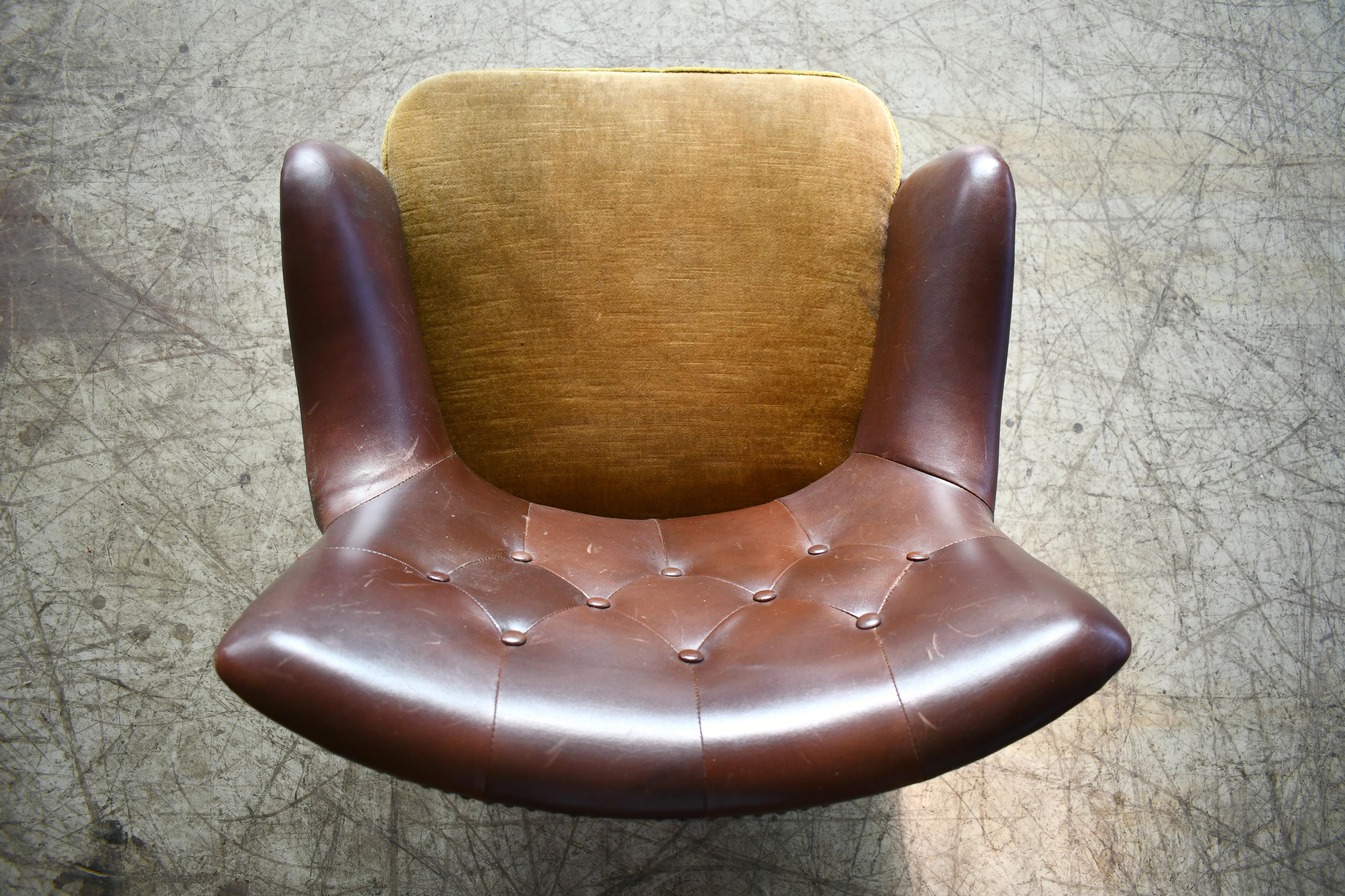 Danish 1950s Small Tufted Easy Chair in Chocolate Leather and Velvet Seat 2