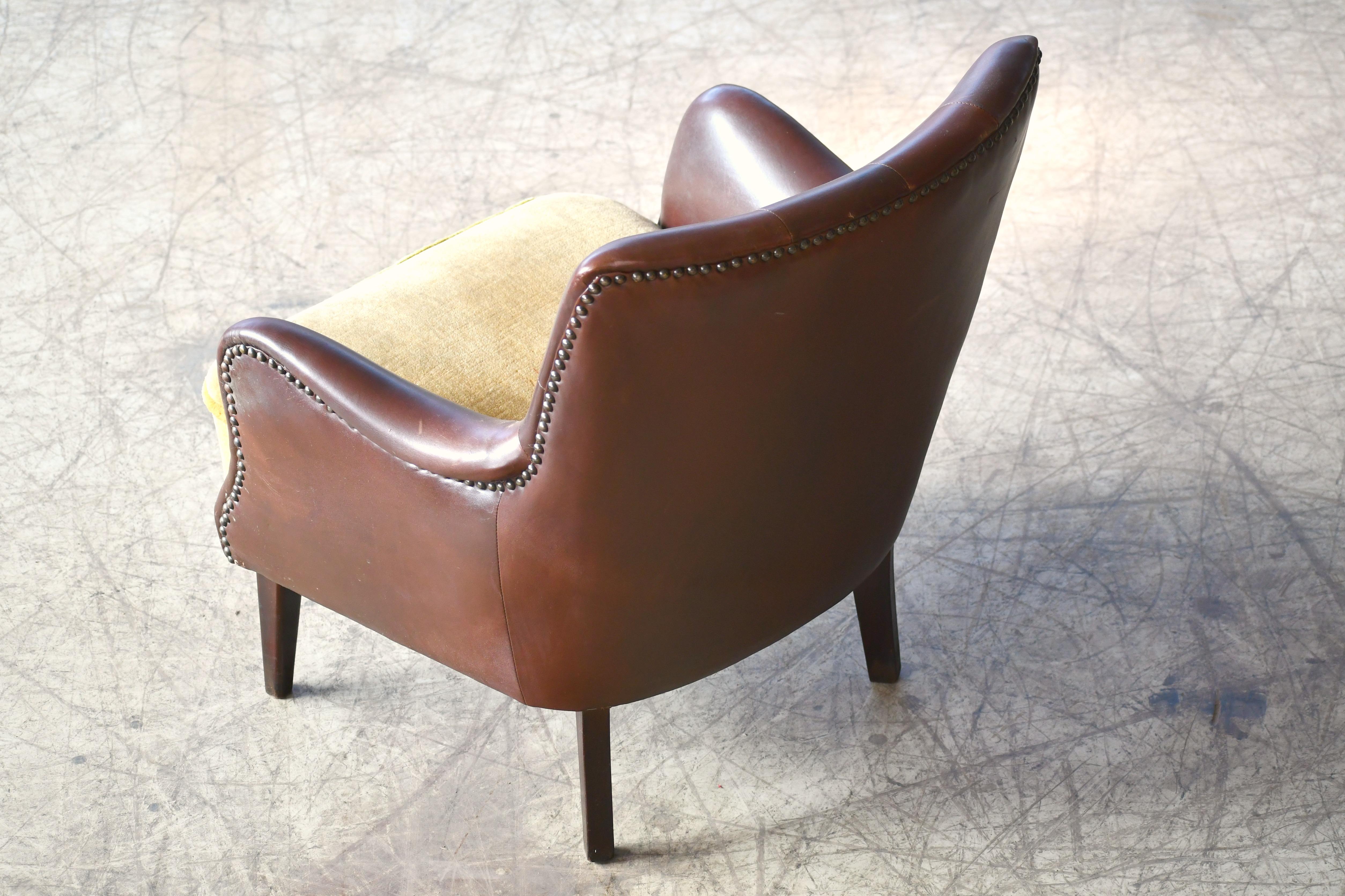 Danish 1950s Small Tufted Easy Chair in Chocolate Leather and Velvet Seat 3
