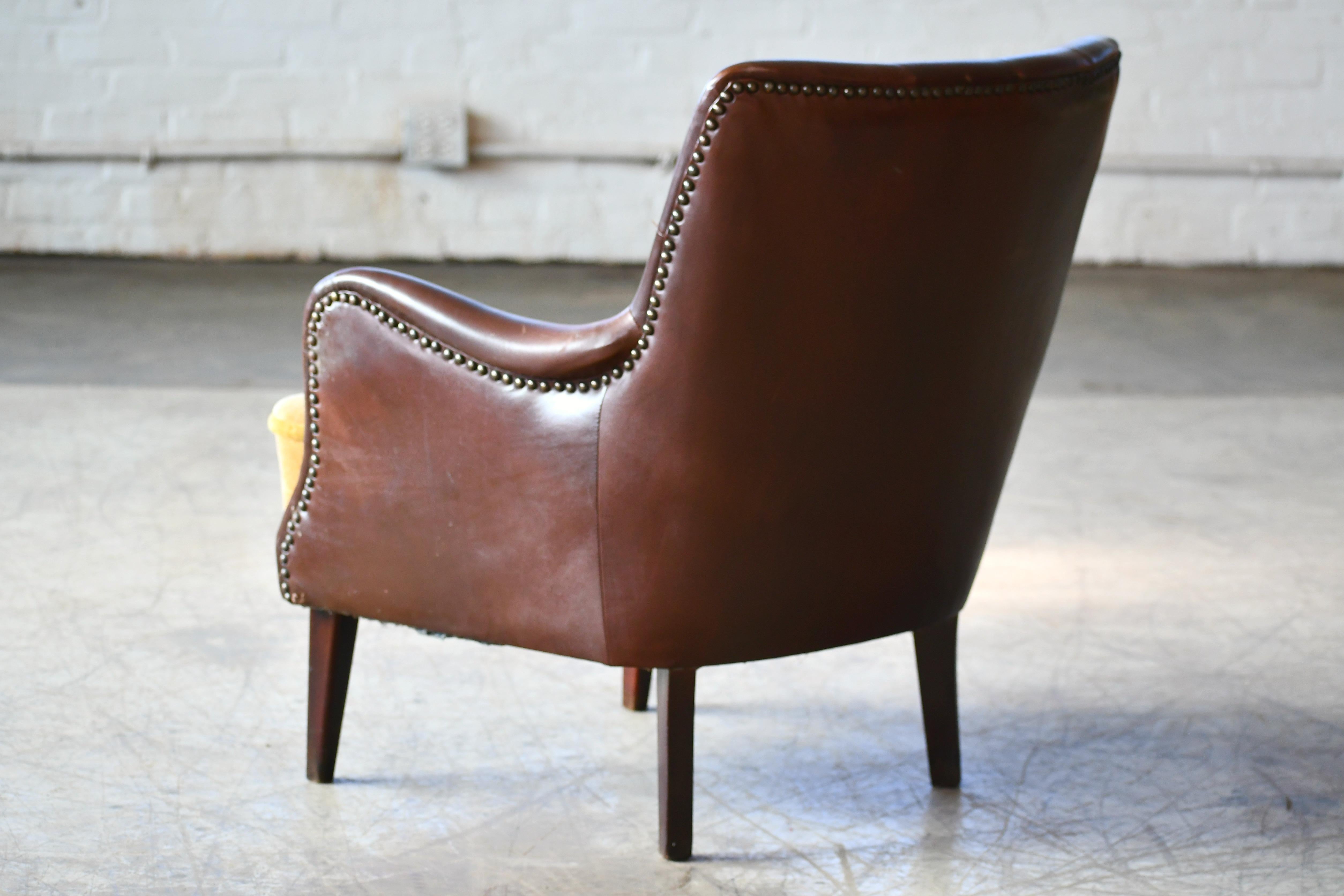 Danish 1950s Small Tufted Easy Chair in Chocolate Leather and Velvet Seat 4
