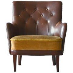 Danish 1950s Small Tufted Easy Chair in Chocolate Leather and Velvet Seat