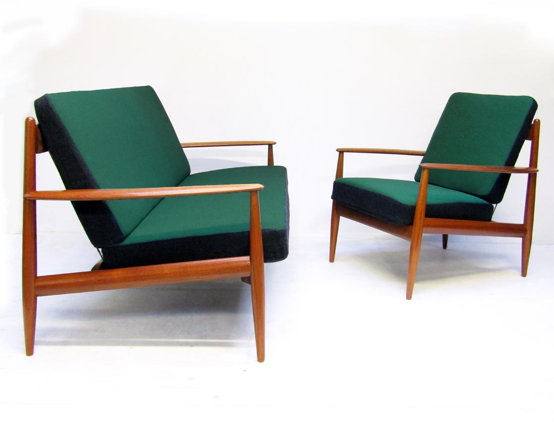 Danish 1950s Sofa and Lounge Chair Set in Jade Kvadrat by Grete Jalk 4