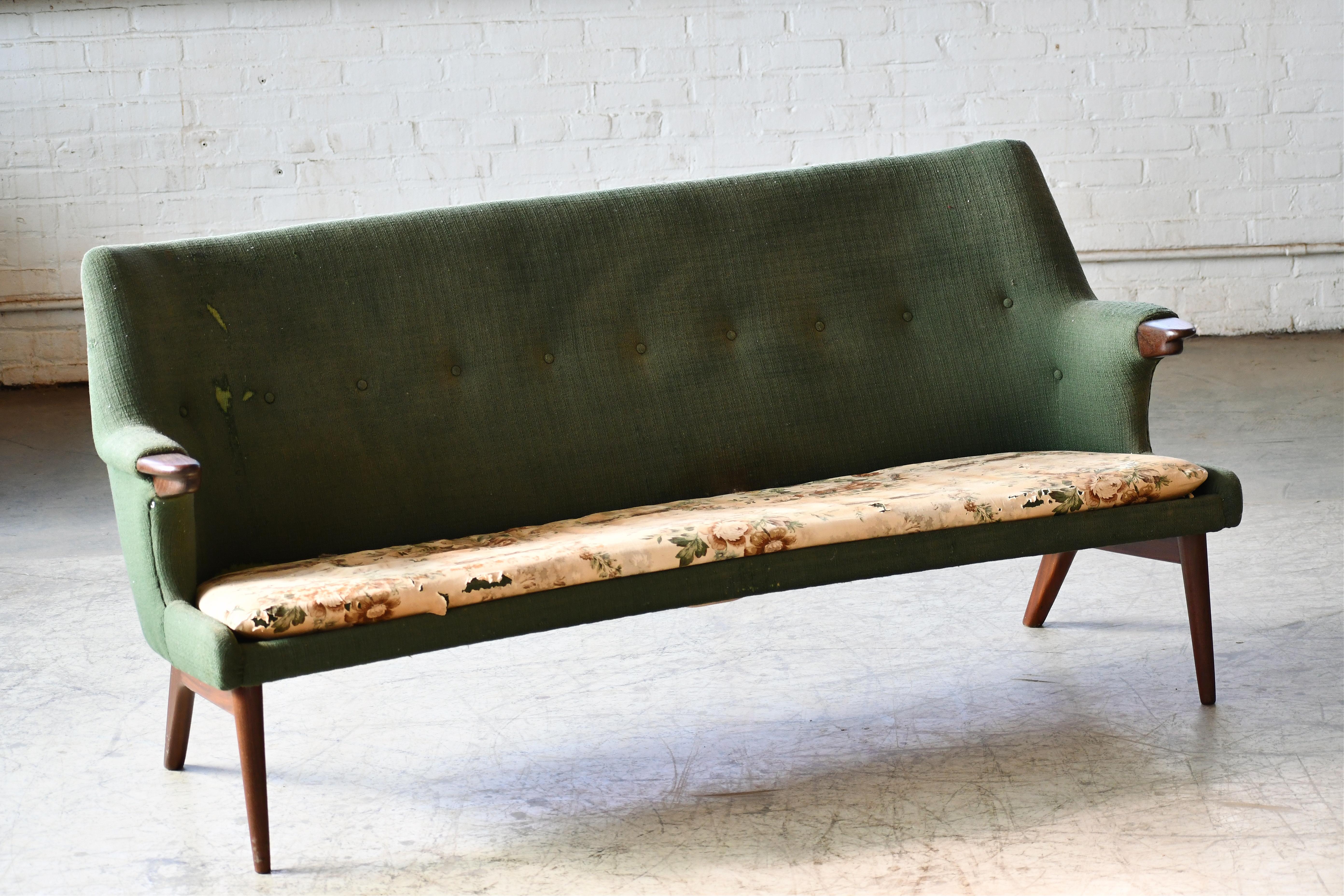 Mid-Century Modern Danish 1950's Sofa by Kurt Olsen Teak Accents For Sale