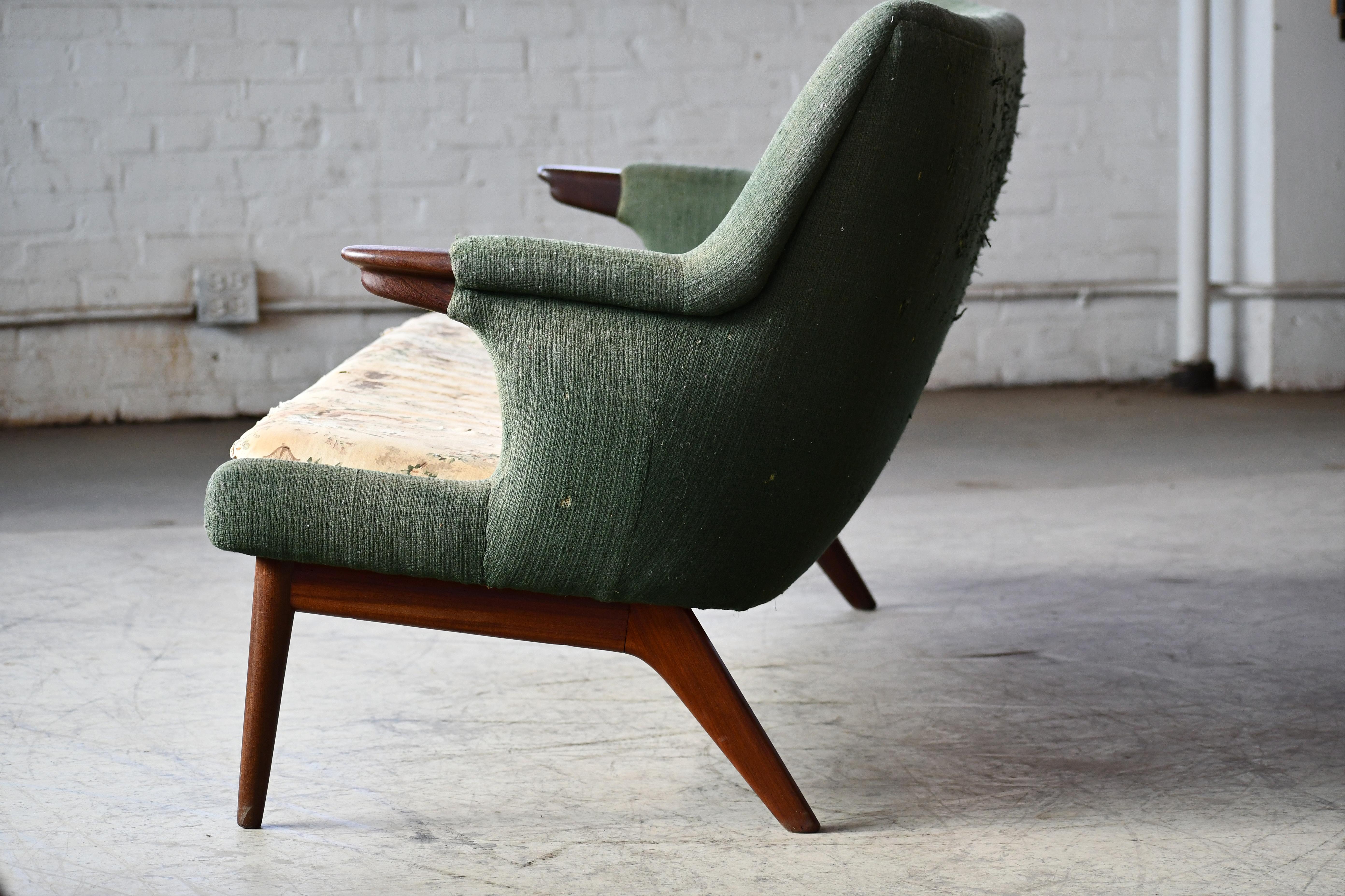 Wool Danish 1950's Sofa by Kurt Olsen Teak Accents For Sale