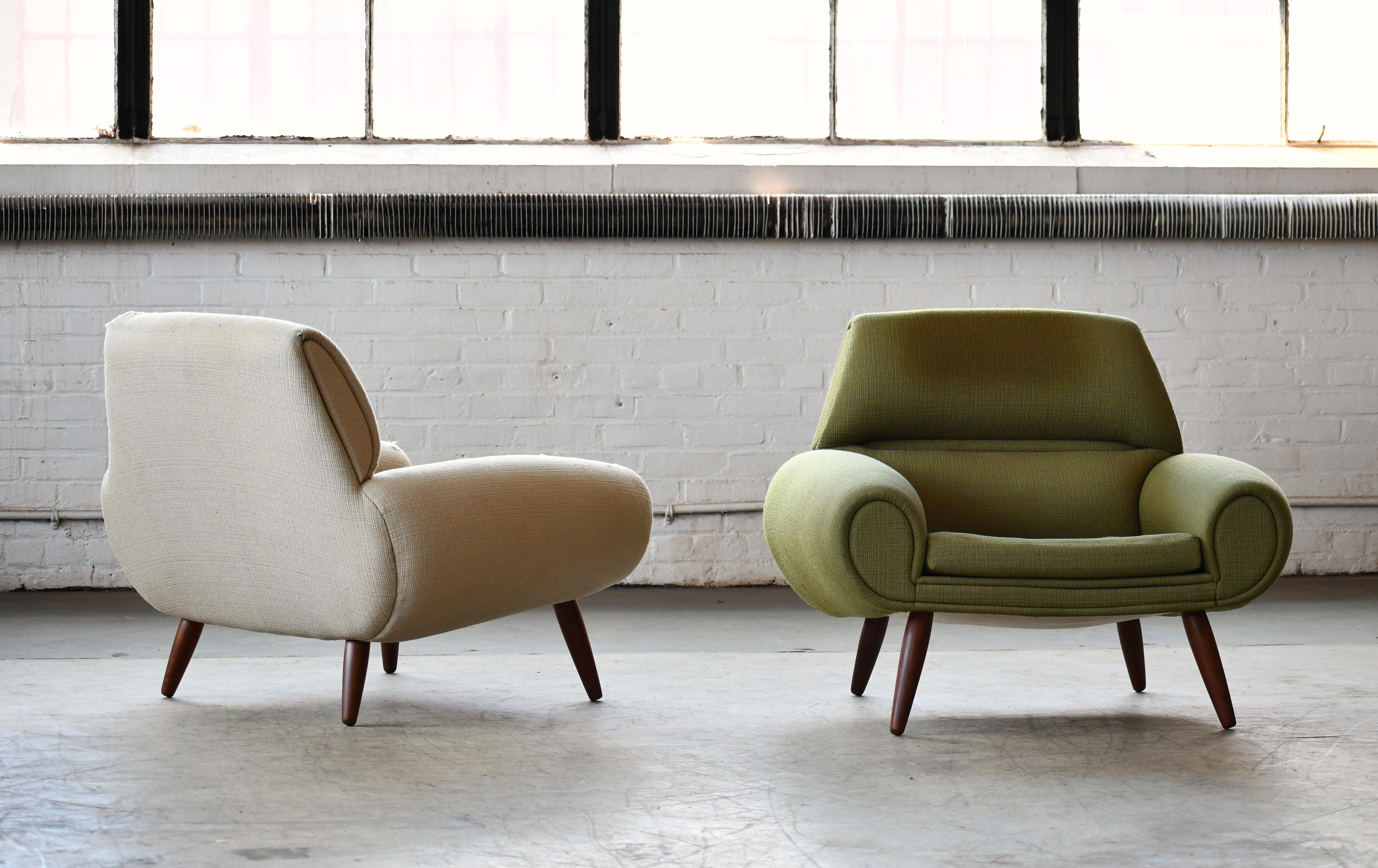 Amazing set of Danish lounge chairs with low and sleek organic design lines and just the epitome of the best the Danish designers of the 1960s had to offer. Some of these fantastic designs of the late 1960s were in many ways the last hooray for