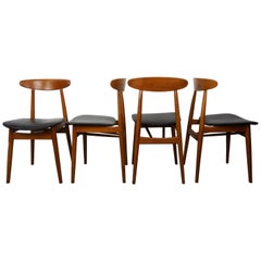 Danish 1960s Design Teak Wooden and Black Faux-Leather Set of 4 Chairs