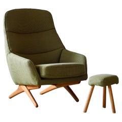 Danish 1960s Easy Lounge Chair with Scissor Legs by Illum Wikkelso with Ottoman