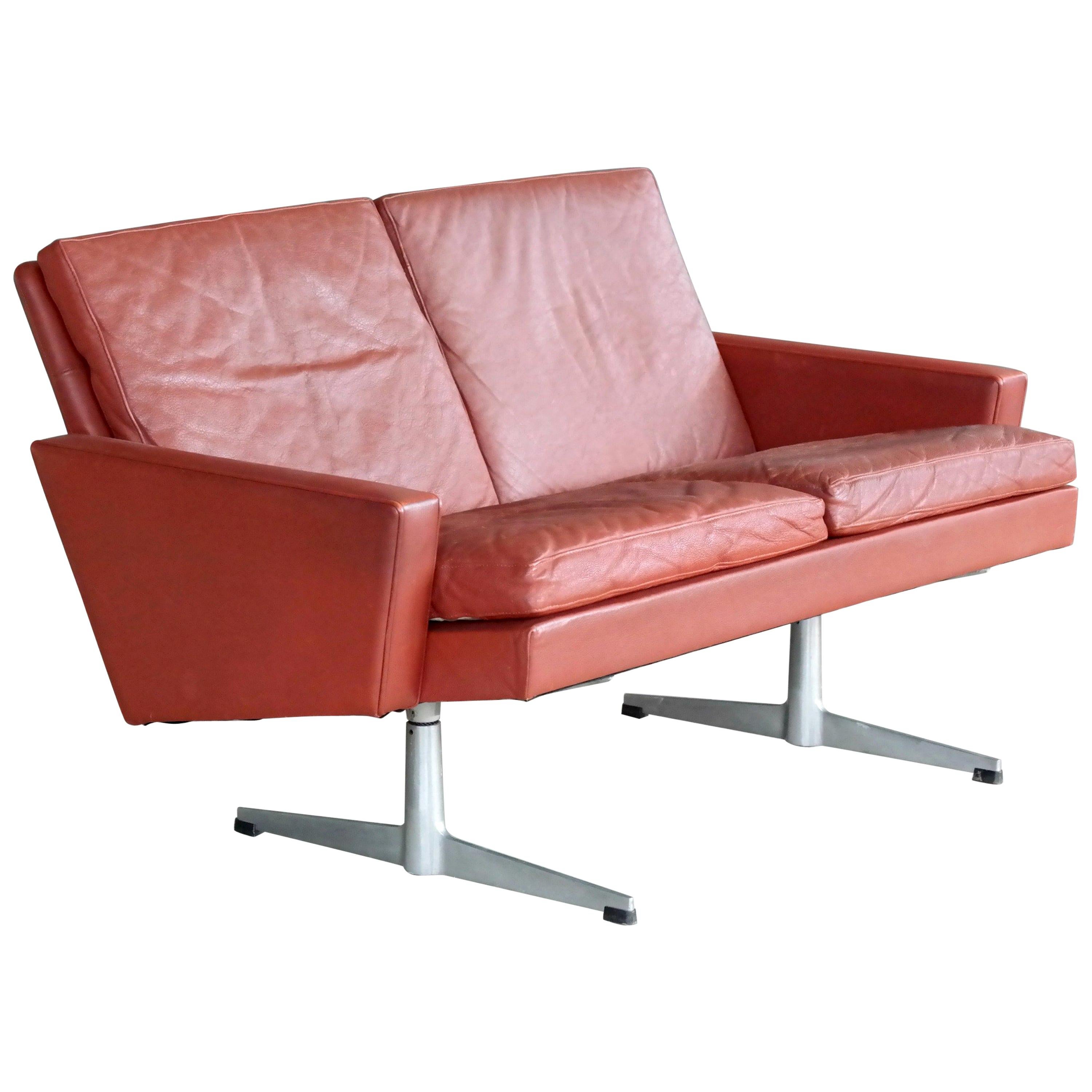 Danish 1960s  Two-Seat Airport Sofa or Loveseat in Red Leather