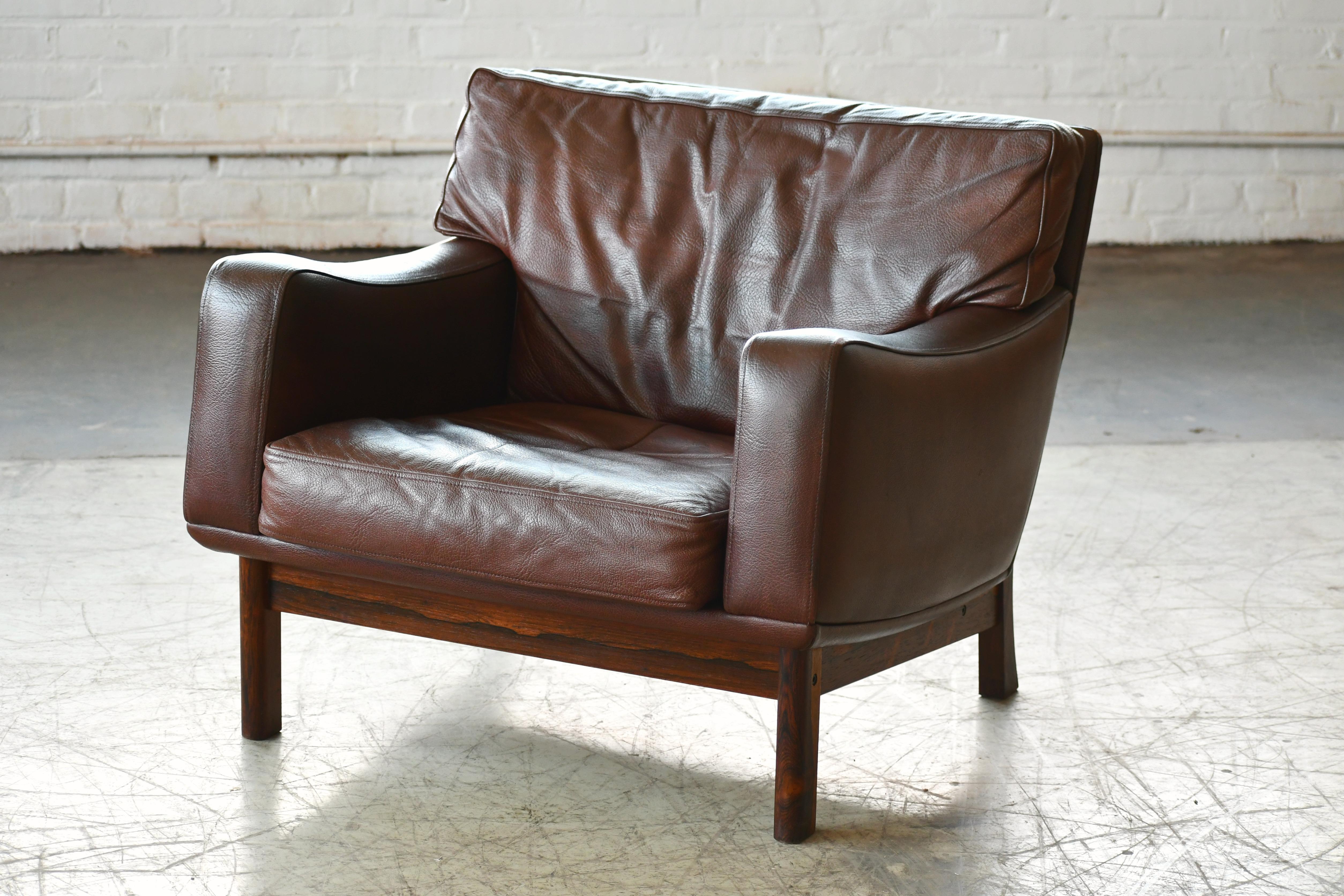 Mid-20th Century Danish 1960s Lounge Chair in Brown Leather and Rosewood by Erhardsen & Andersen