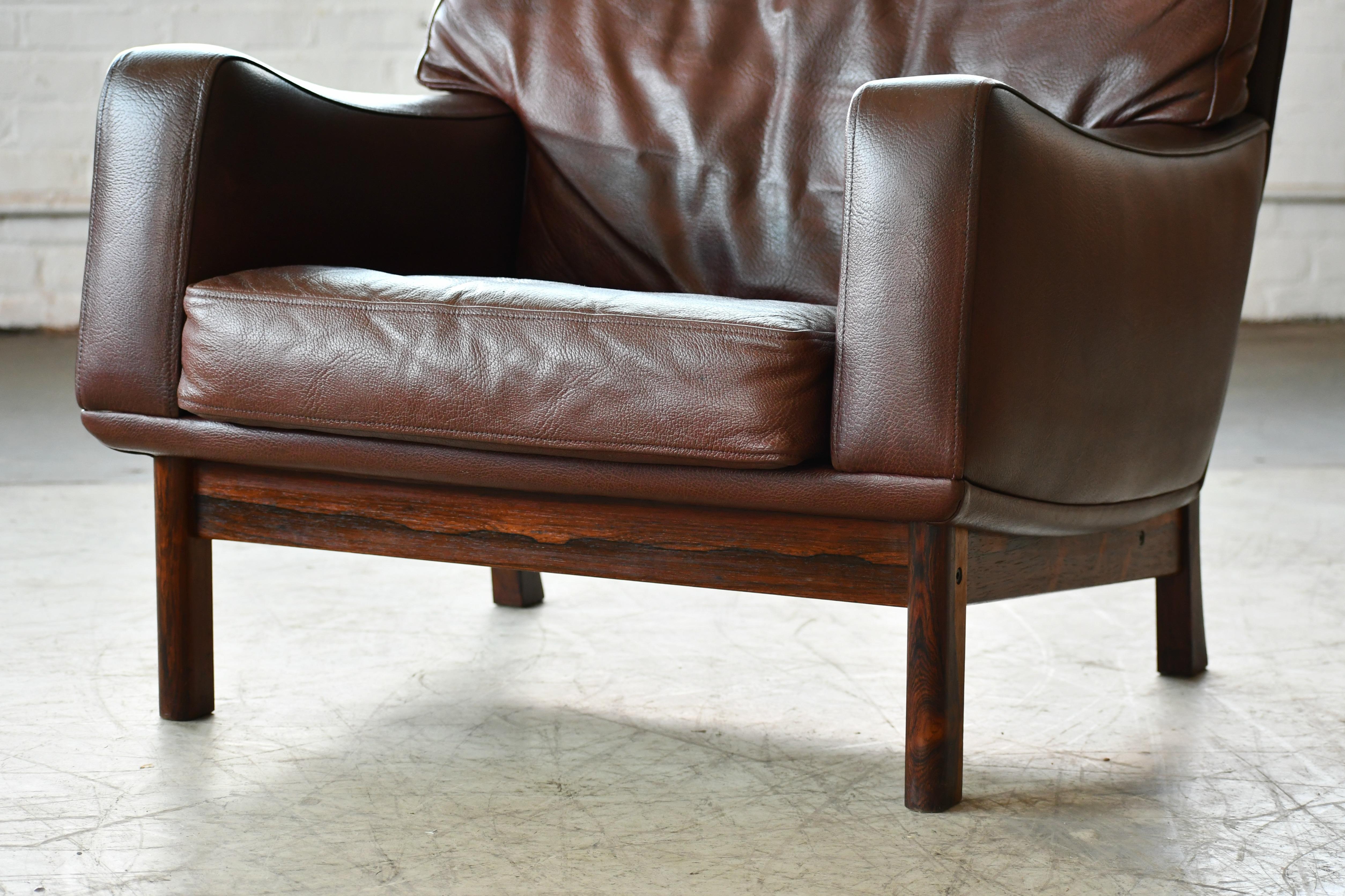 Danish 1960s Lounge Chair in Brown Leather and Rosewood by Erhardsen & Andersen 1