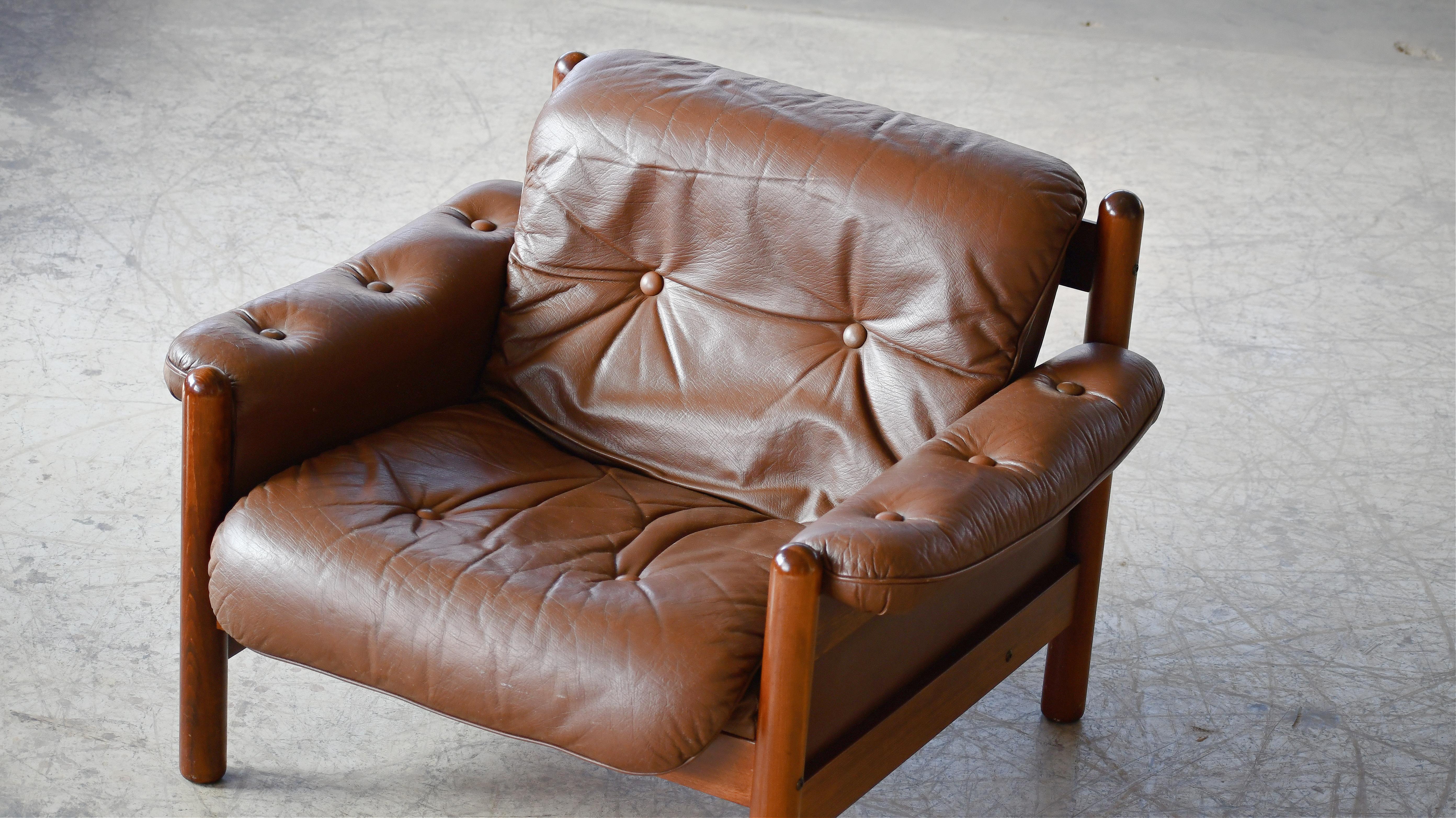Mid-Century Modern Danish 1960's Low Easy Chair in Brown leather and Rosewood Stained Frame