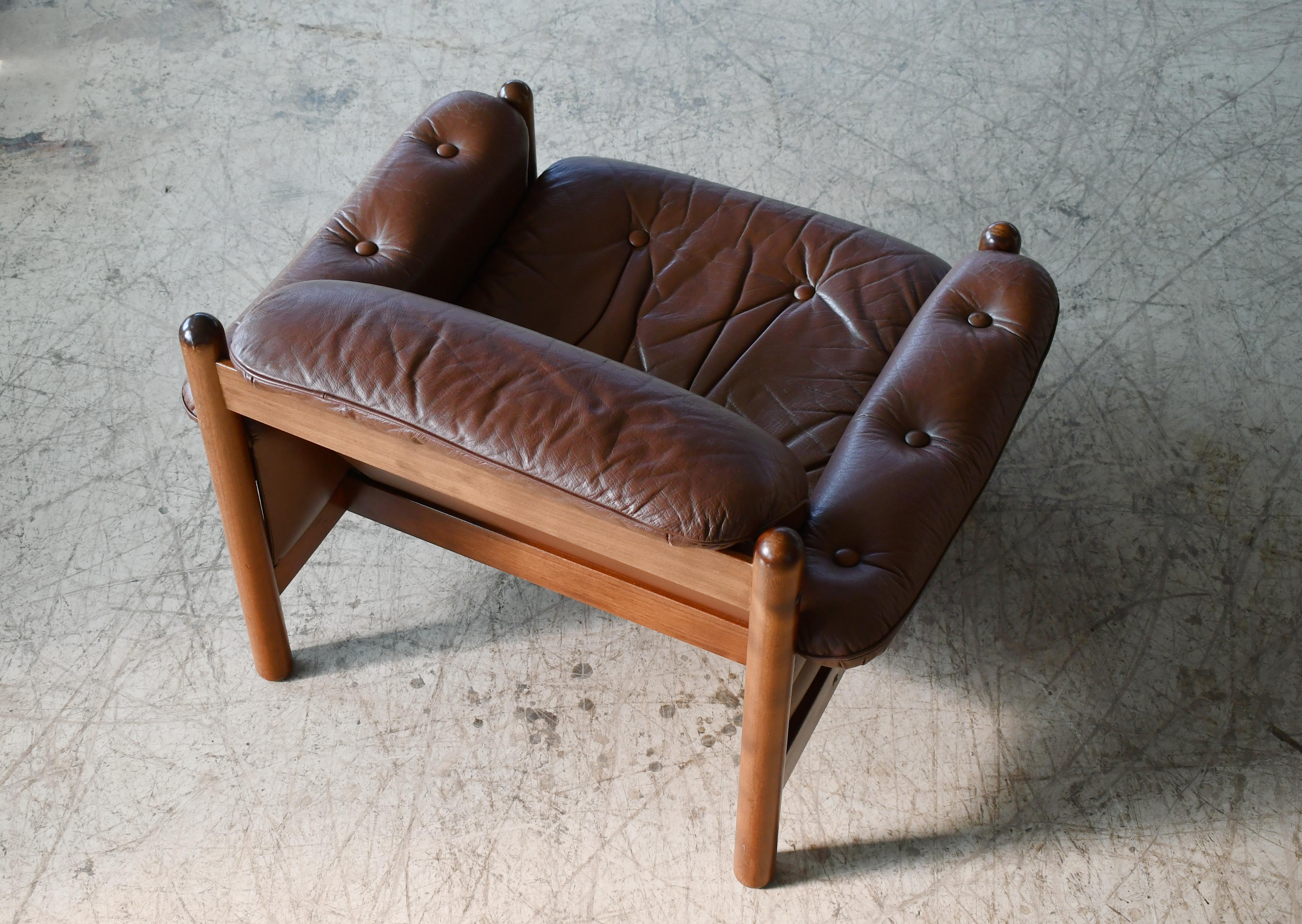 Leather Danish 1960's Low Easy Chair in Brown leather and Rosewood Stained Frame