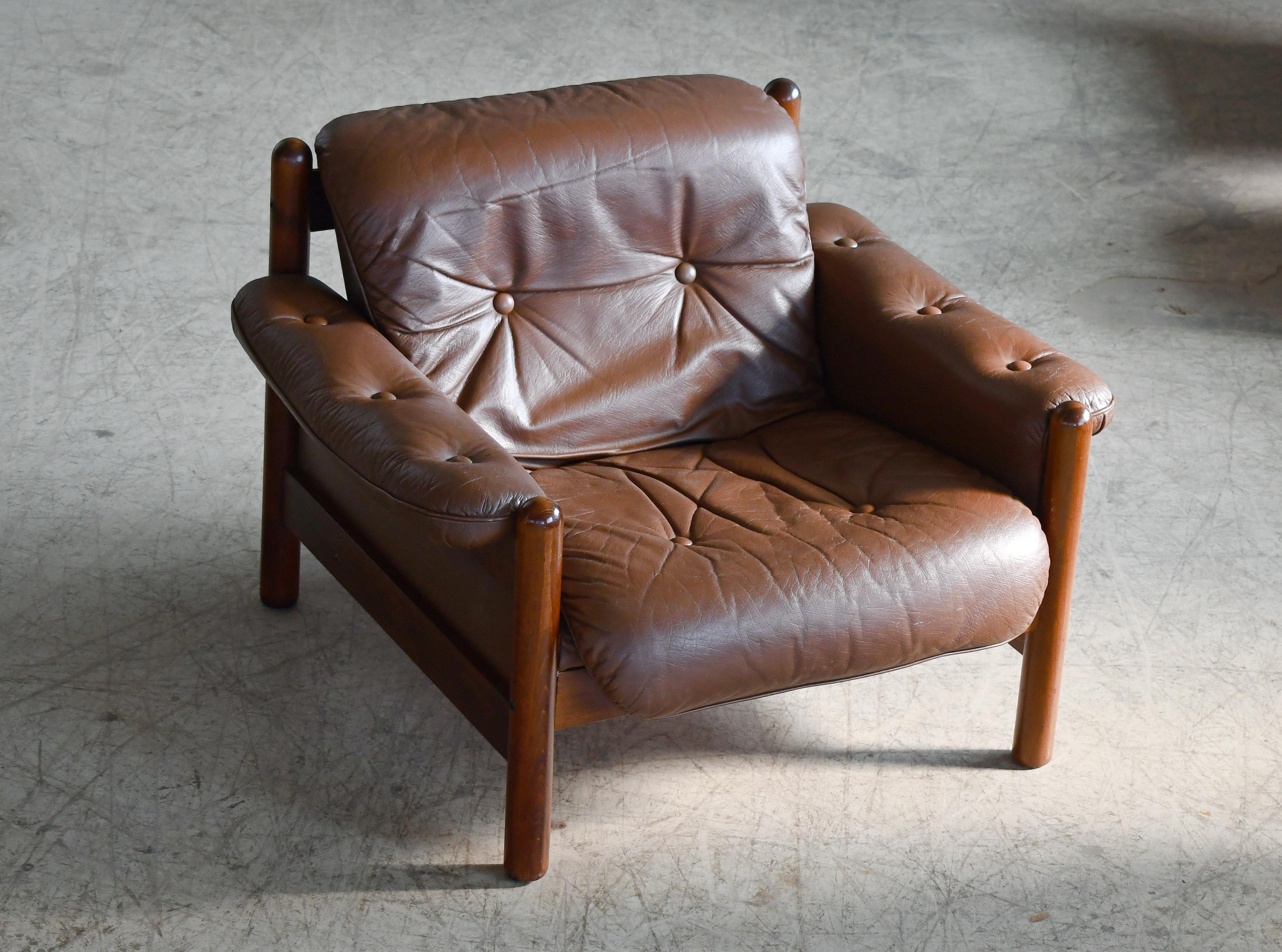 Danish 1960's Low Easy Chair in Brown leather and Rosewood Stained Frame 1