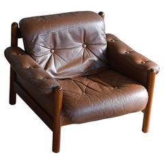 Danish 1960's Low Easy Chair in Brown leather and Rosewood Stained Frame