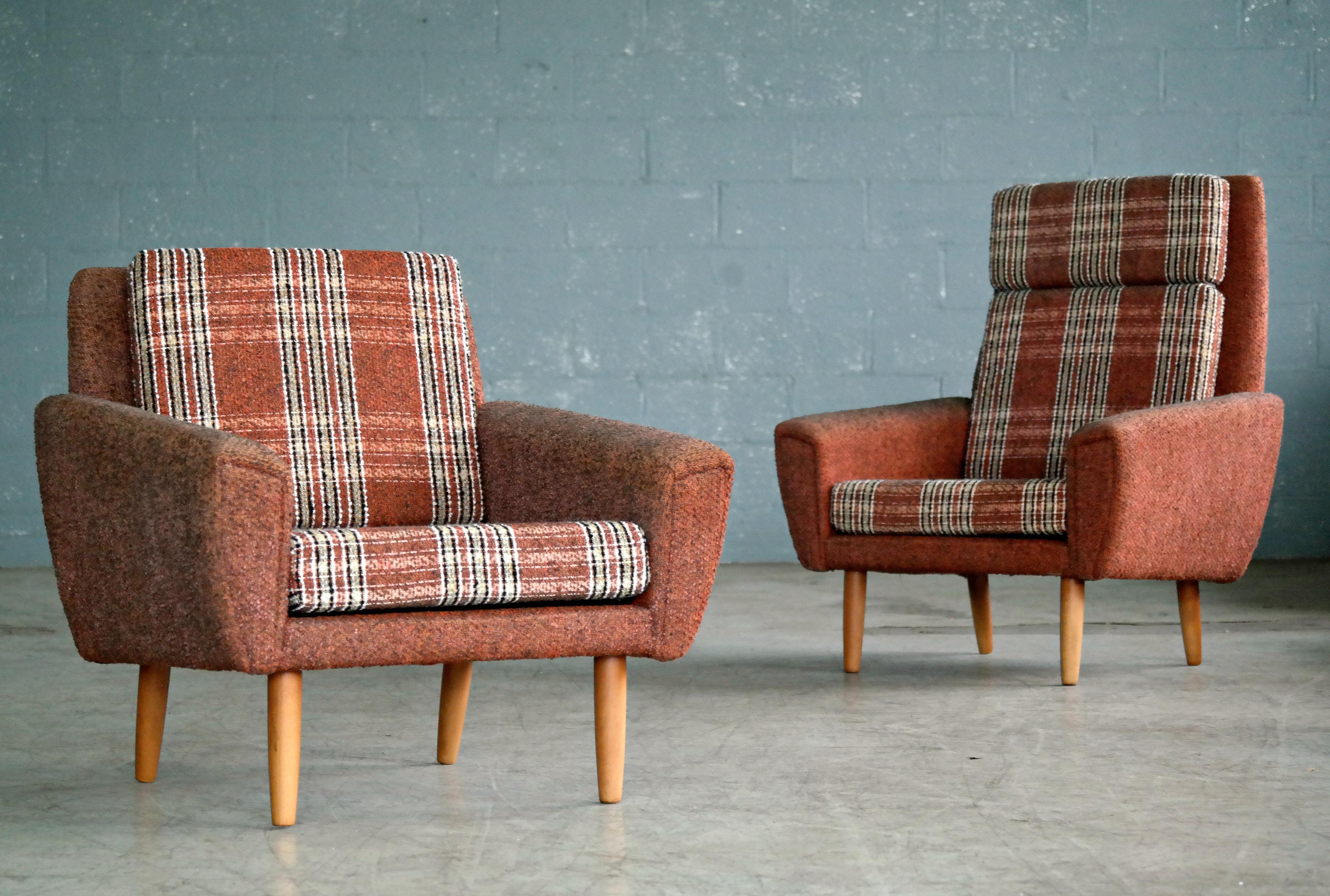 Great set of 1960s pair if easy chairs possibly designed by Kurt Østervig for Ryesberg Mobler. Very Classic 1960s design. These chairs bear strong resemblance to Ostervig's characteristic design with tear drop front panels continuing to the backside