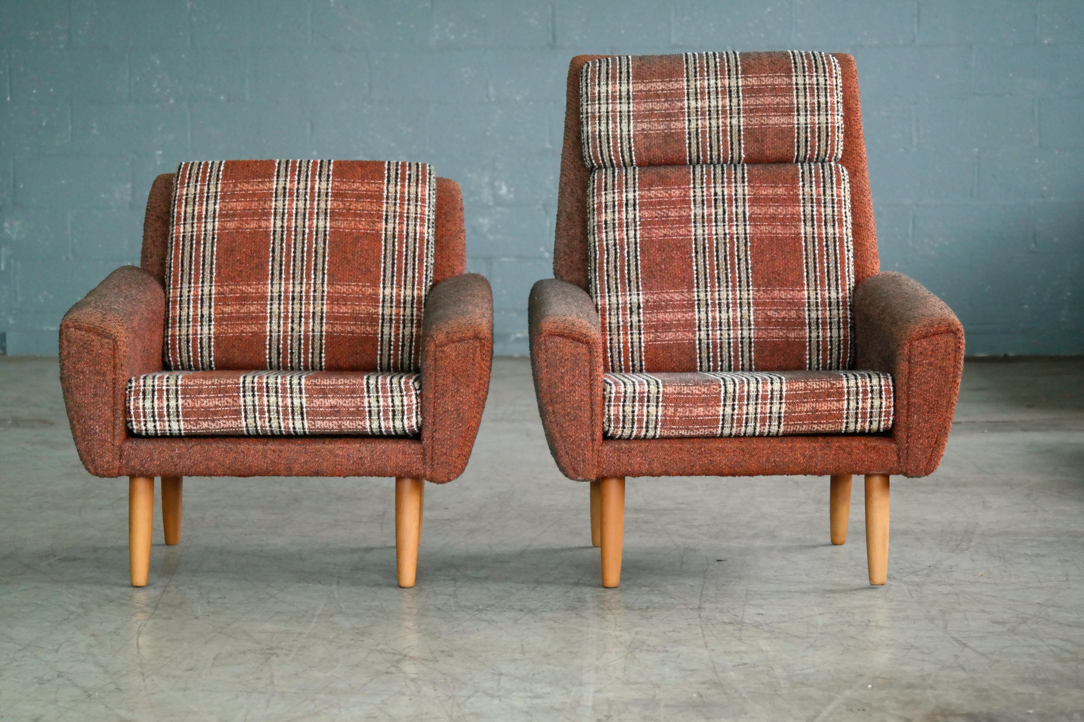 Mid-Century Modern Danish 1960s Pair of Kurt Ostervig Style Easy Lounge Chairs Original Wool