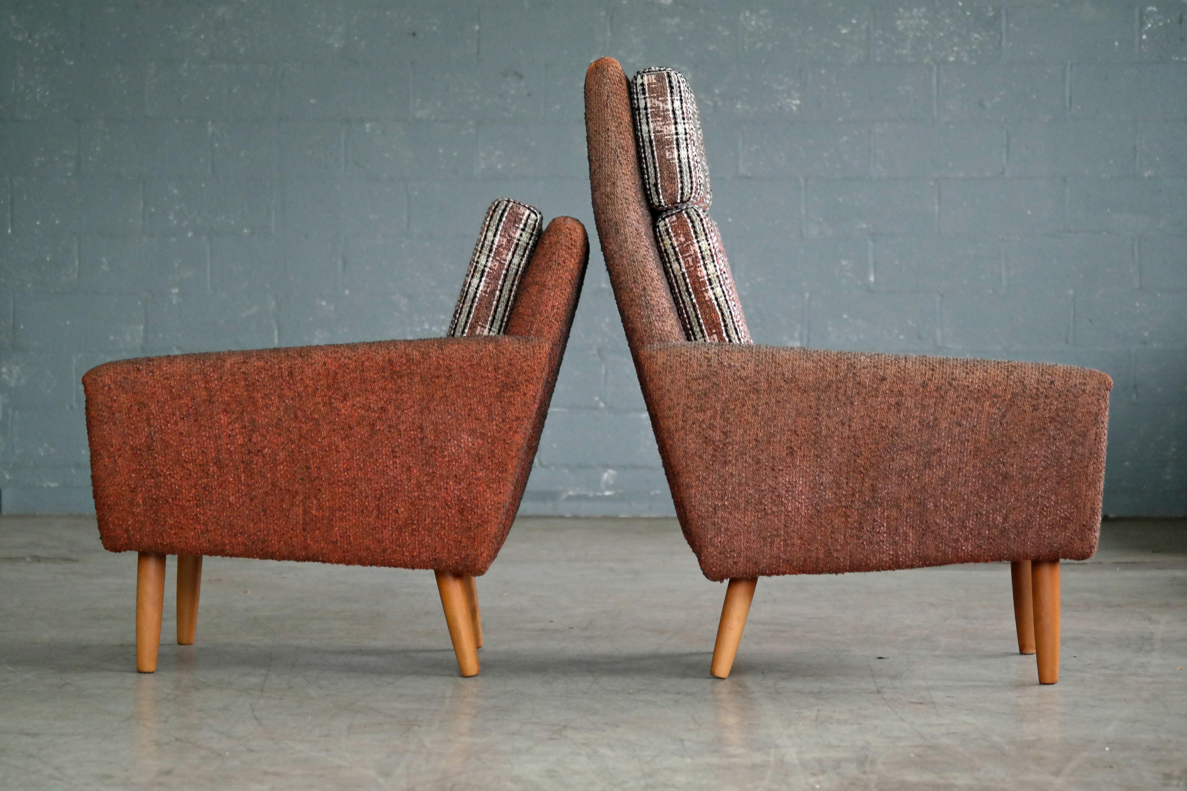 Danish 1960s Pair of Kurt Ostervig Style Easy Lounge Chairs Original Wool 3