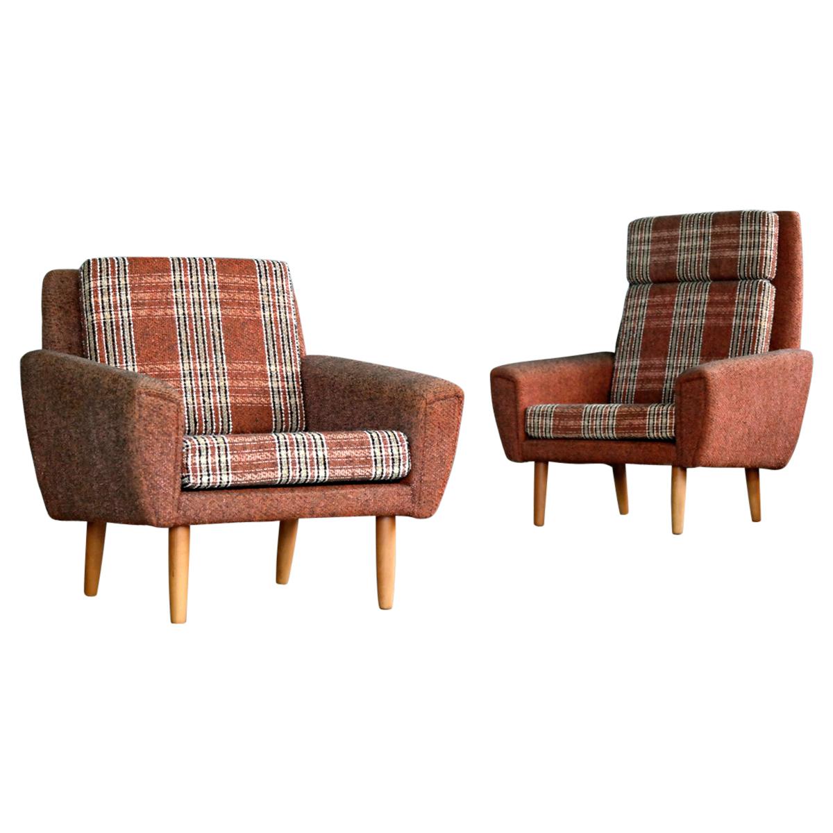 Danish 1960s Pair of Kurt Ostervig Style Easy Lounge Chairs Original Wool
