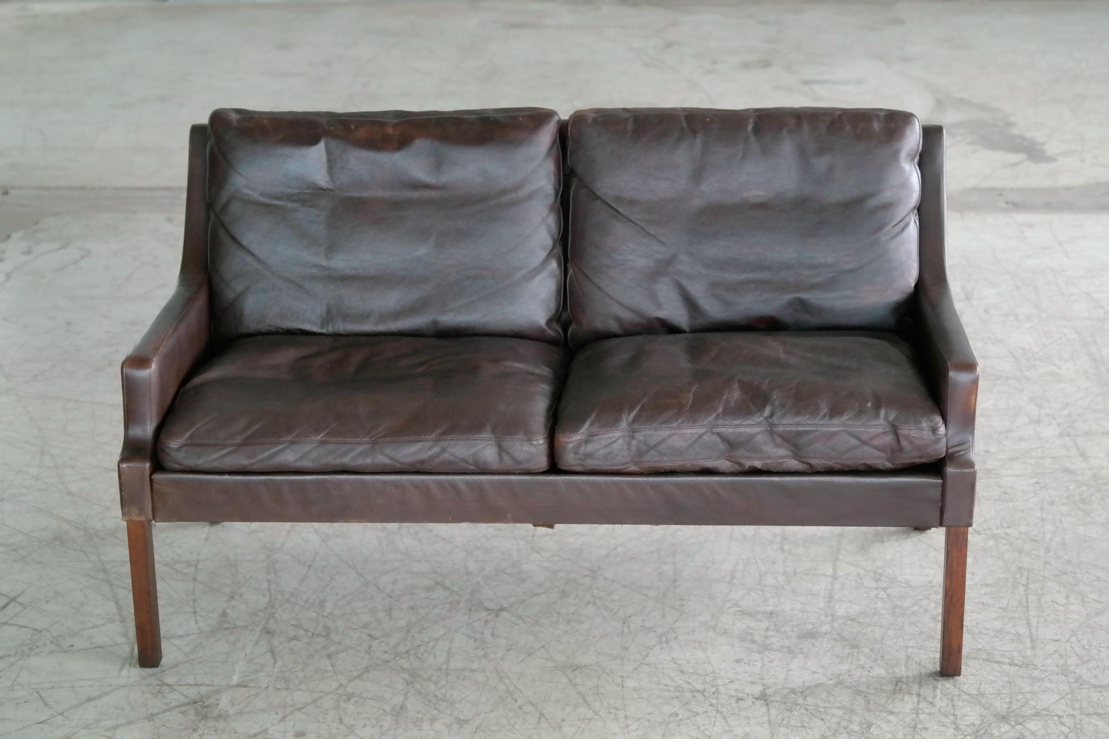 Mid-Century Modern Danish 1960s Slim Profile Two-Seat Sofa in Espresso Leather by Georg Thams