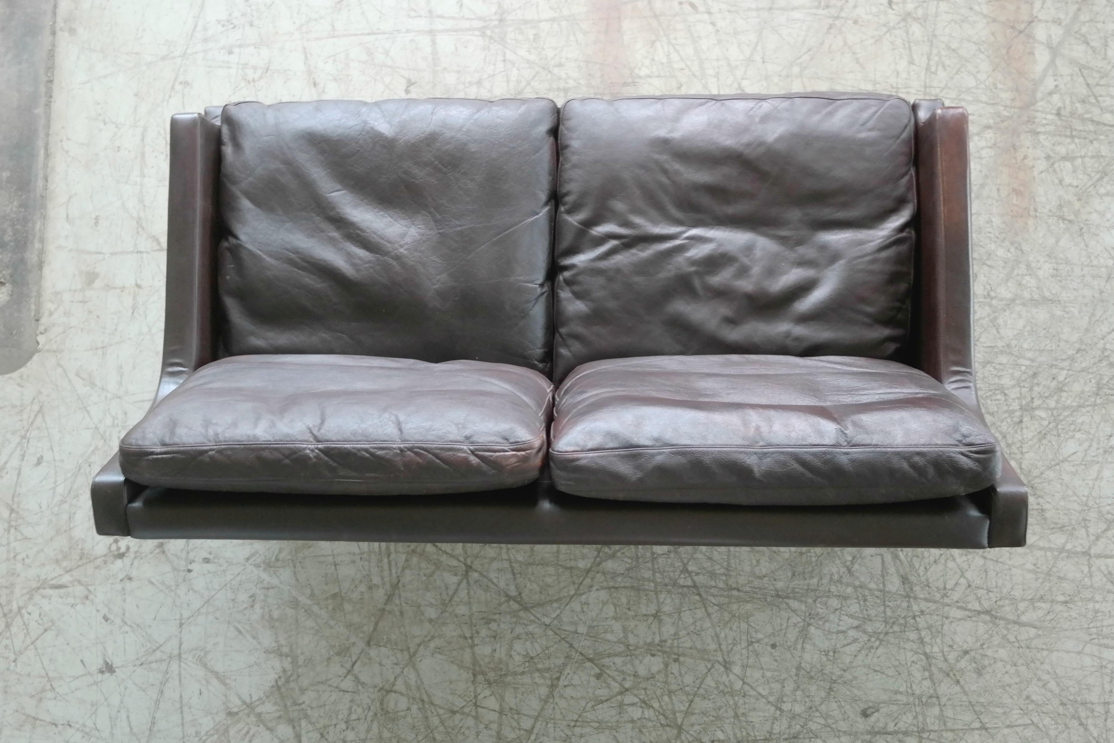 Rosewood Danish 1960s Slim Profile Two-Seat Sofa in Espresso Leather by Georg Thams