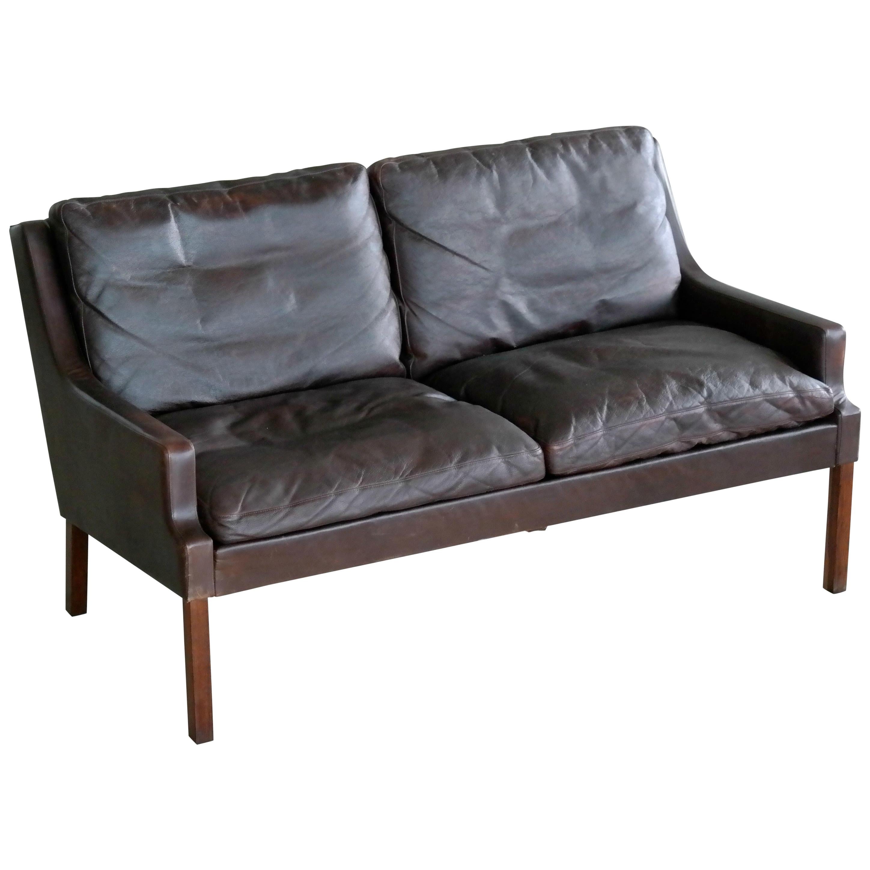 Danish 1960s Slim Profile Two-Seat Sofa in Espresso Leather by Georg Thams