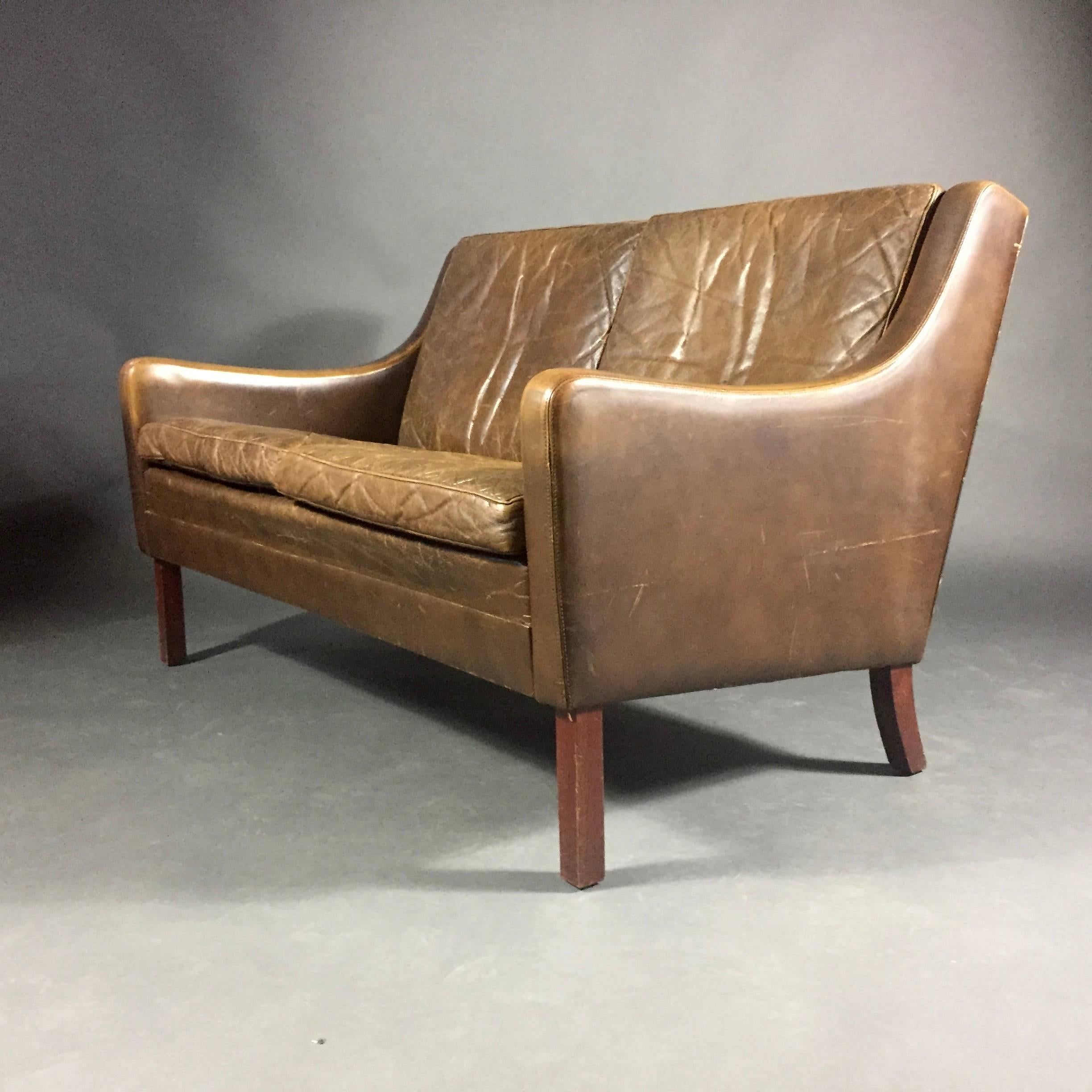 Mid-20th Century Danish 1960s Vintage Cognac Leather Two-Seat Sofa
