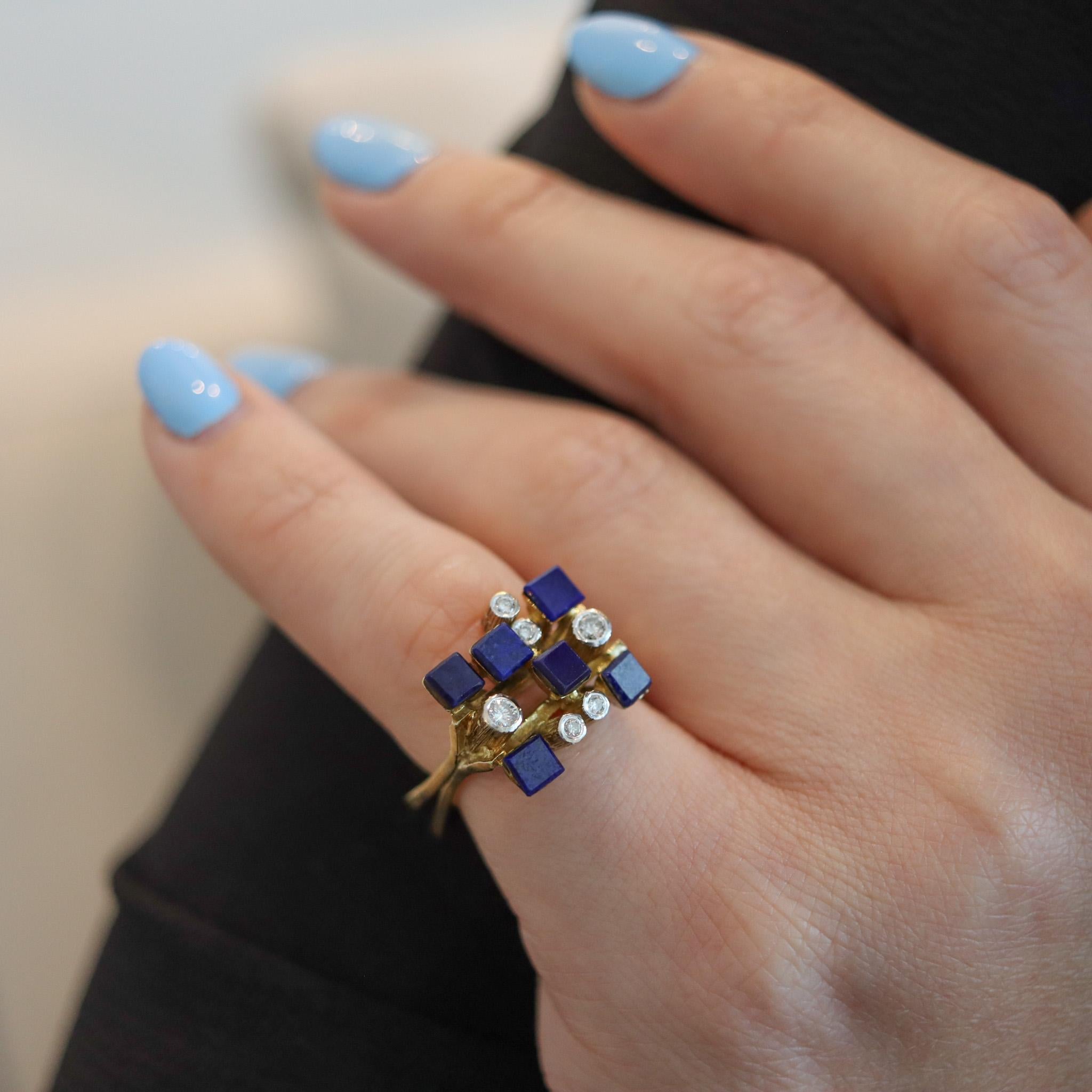 Danish 1970 Geometric Ring In 14Kt Yellow Gold With Diamonds And Lapis Lazuli For Sale 4