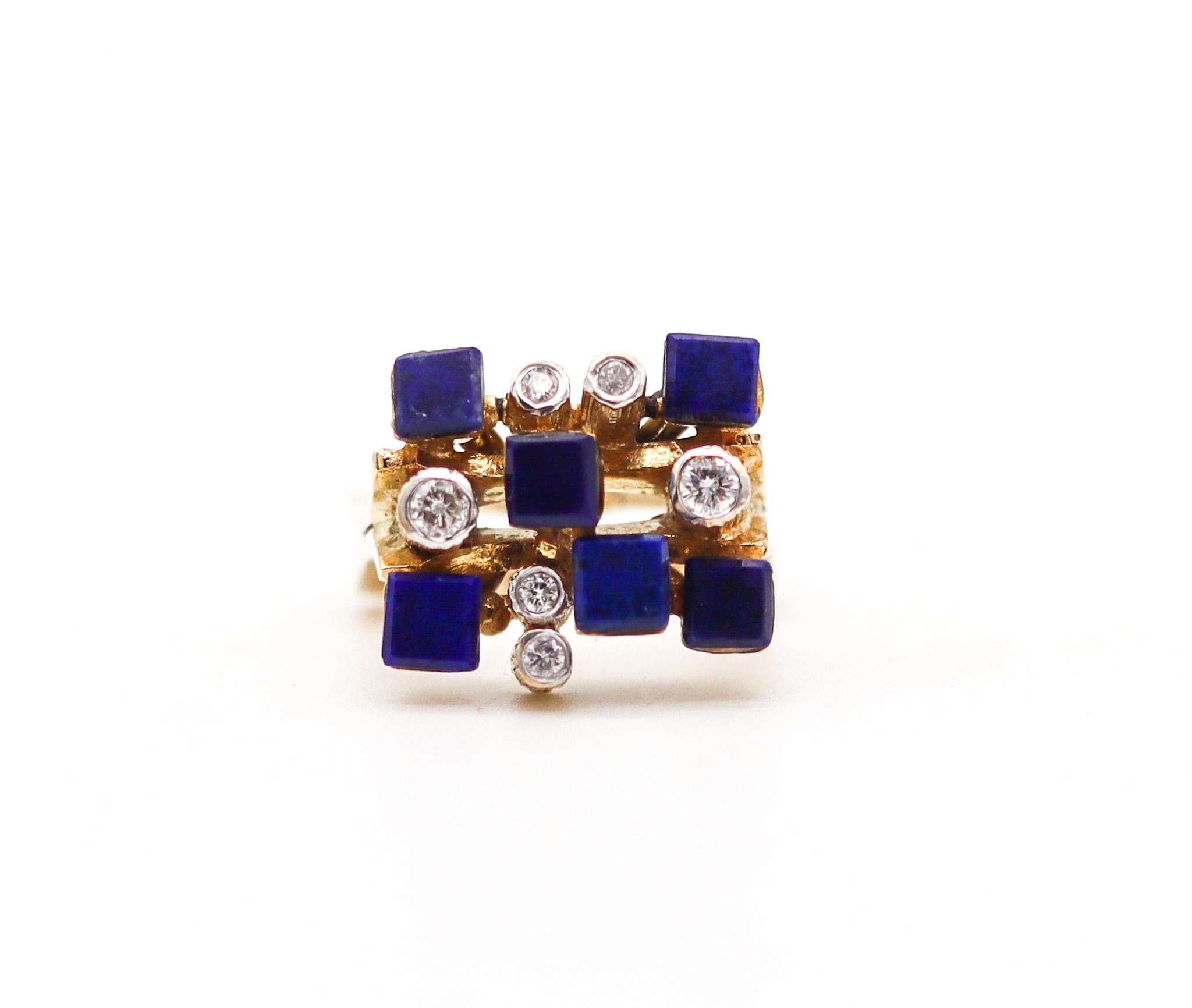 Brilliant Cut Danish 1970 Geometric Ring In 14Kt Yellow Gold With Diamonds And Lapis Lazuli For Sale