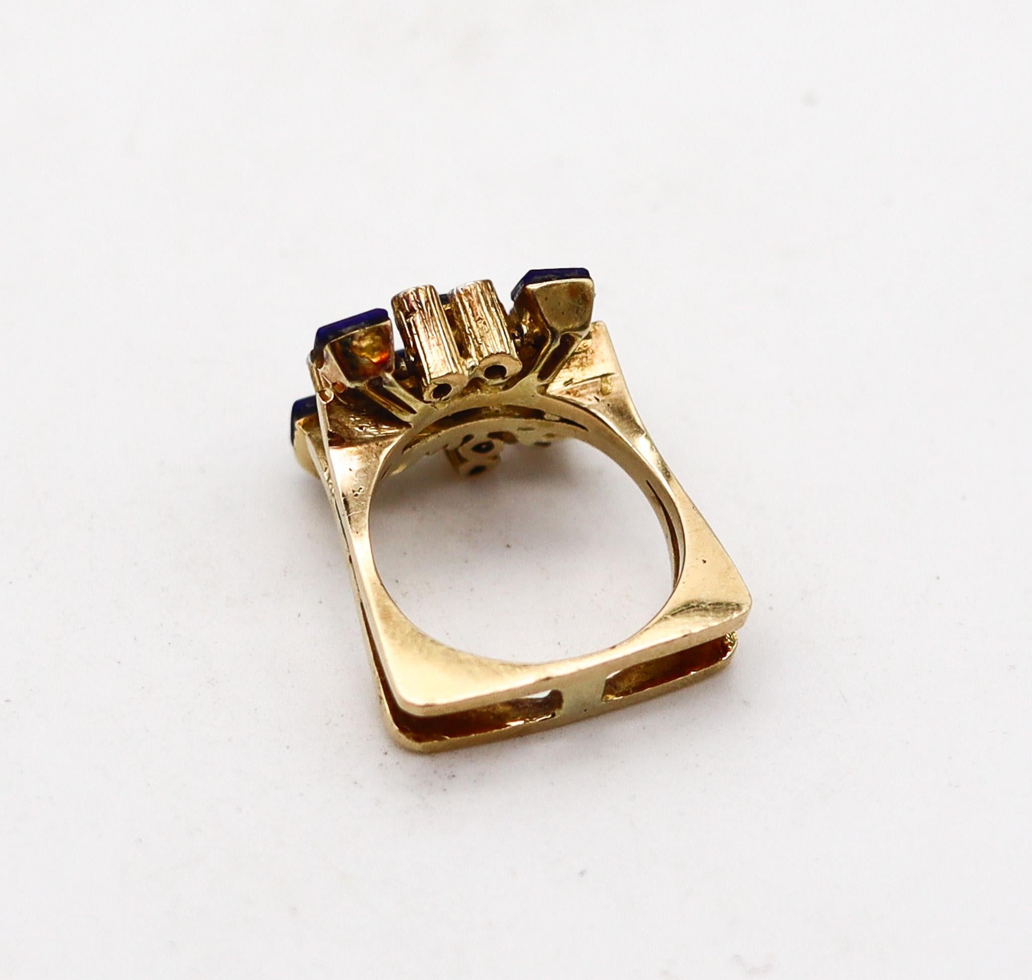 Women's or Men's Danish 1970 Geometric Ring In 14Kt Yellow Gold With Diamonds And Lapis Lazuli For Sale