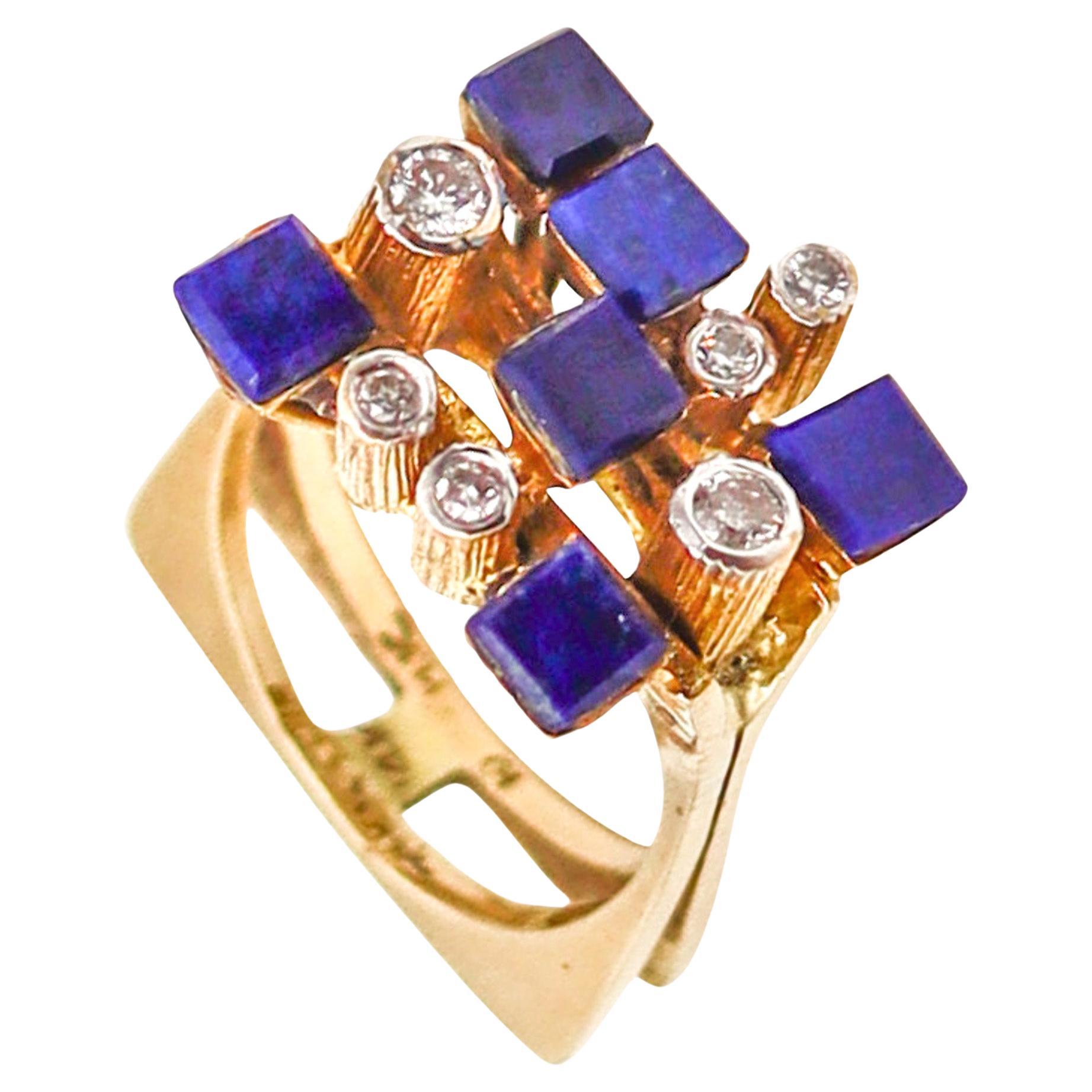 Danish 1970 Geometric Ring In 14Kt Yellow Gold With Diamonds And Lapis Lazuli For Sale