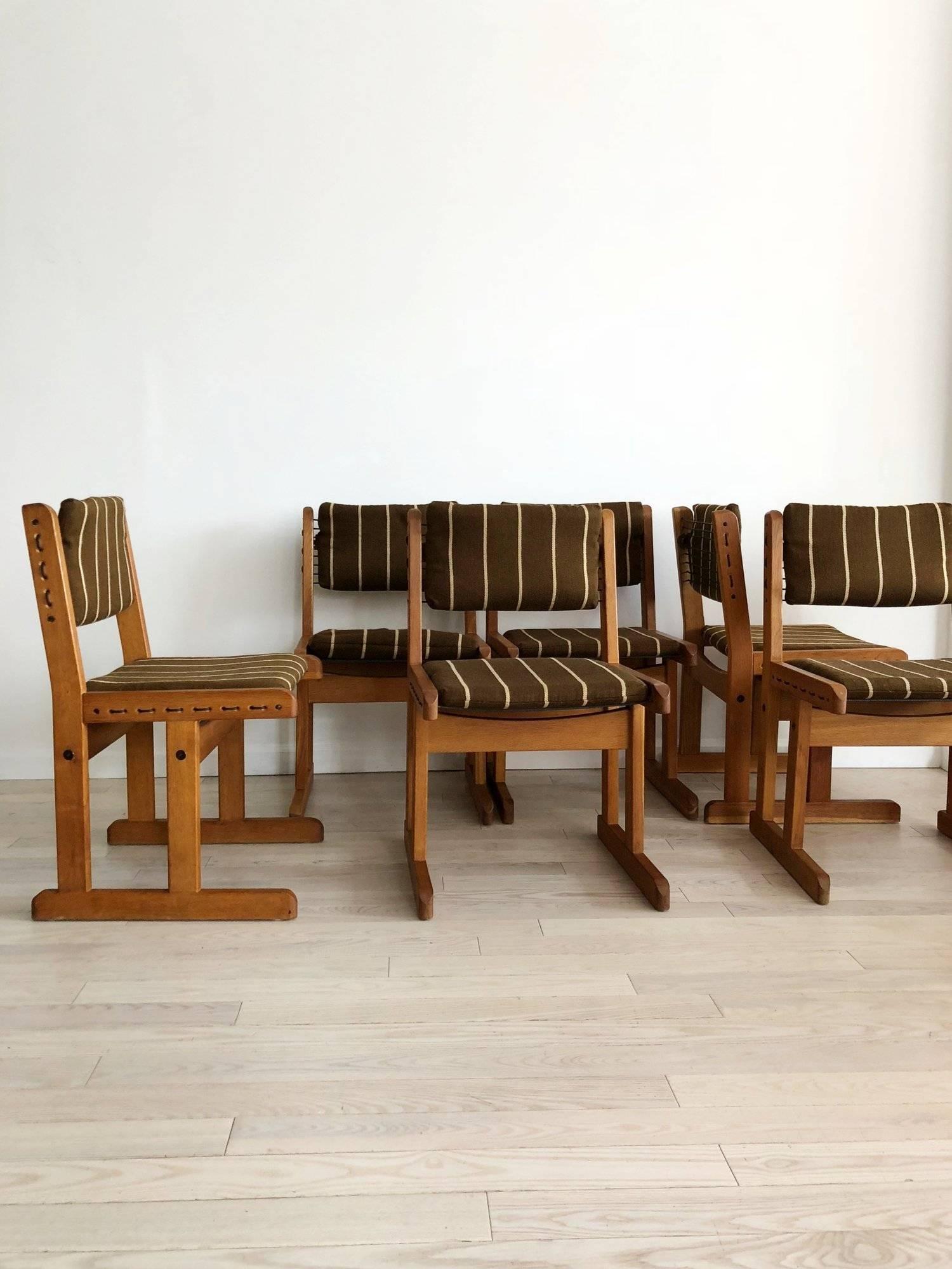 Danish 1970s Fumed Oak Rope and Striped Set of Six Dining Chairs In Excellent Condition In Brooklyn, NY