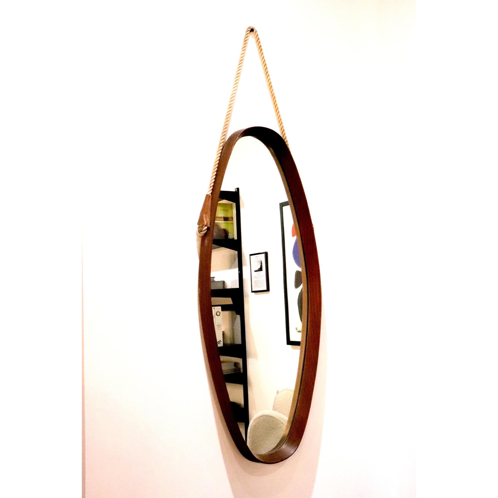 Danish 1970s Oval Mirror with Rope Handle In Good Condition In London, GB