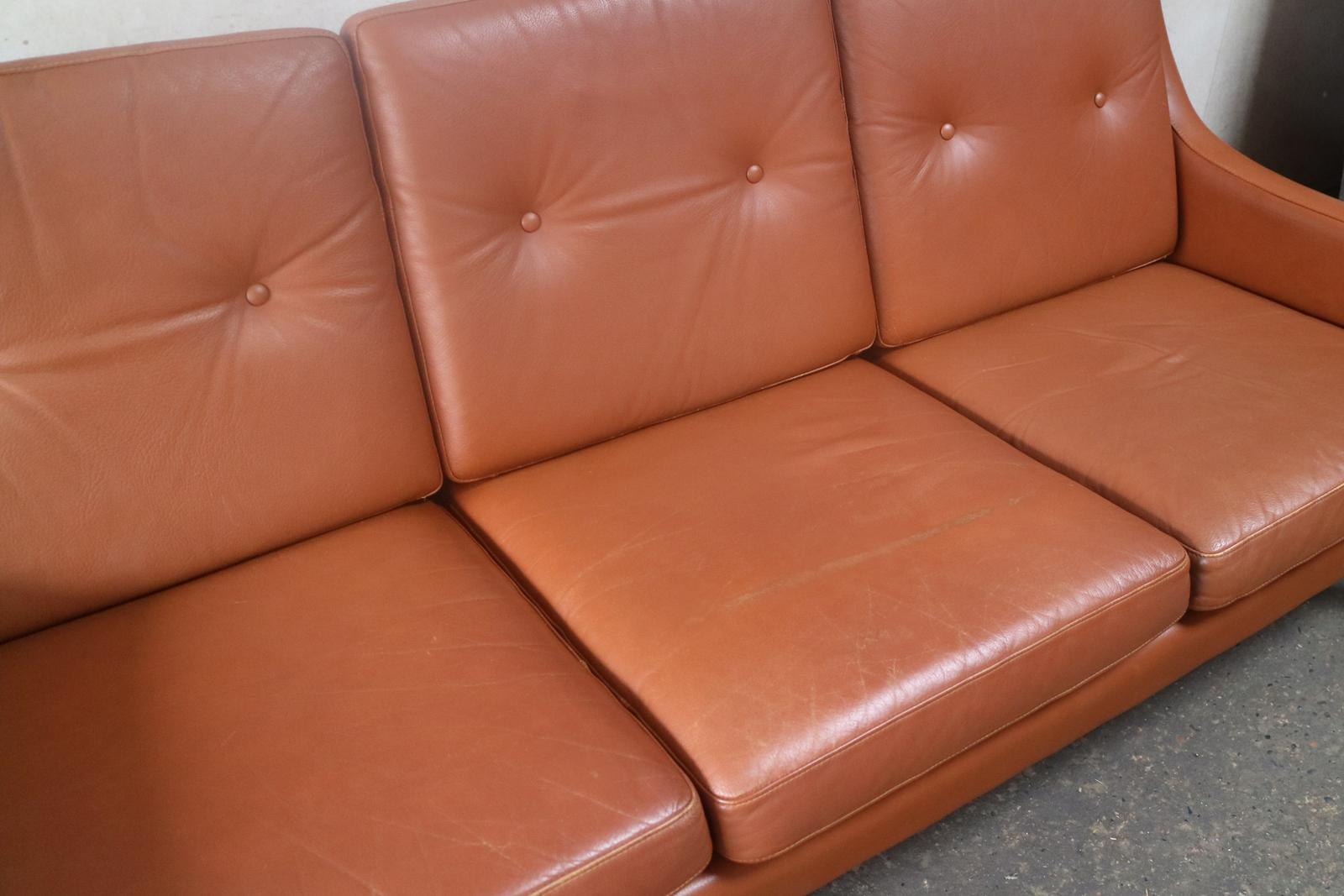Stained Danish 1970s Tan Leather 3-Seat Sofa in the Style of Børge Mogensen For Sale