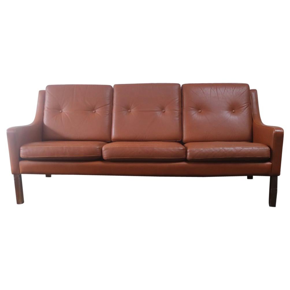 Danish 1970s Tan Leather 3-Seat Sofa in the Style of Børge Mogensen For Sale