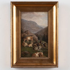 Dipinto danese del XIX secolo, olio su tela raffigurante capre su un versante di montagna, firmato I.P. Møller